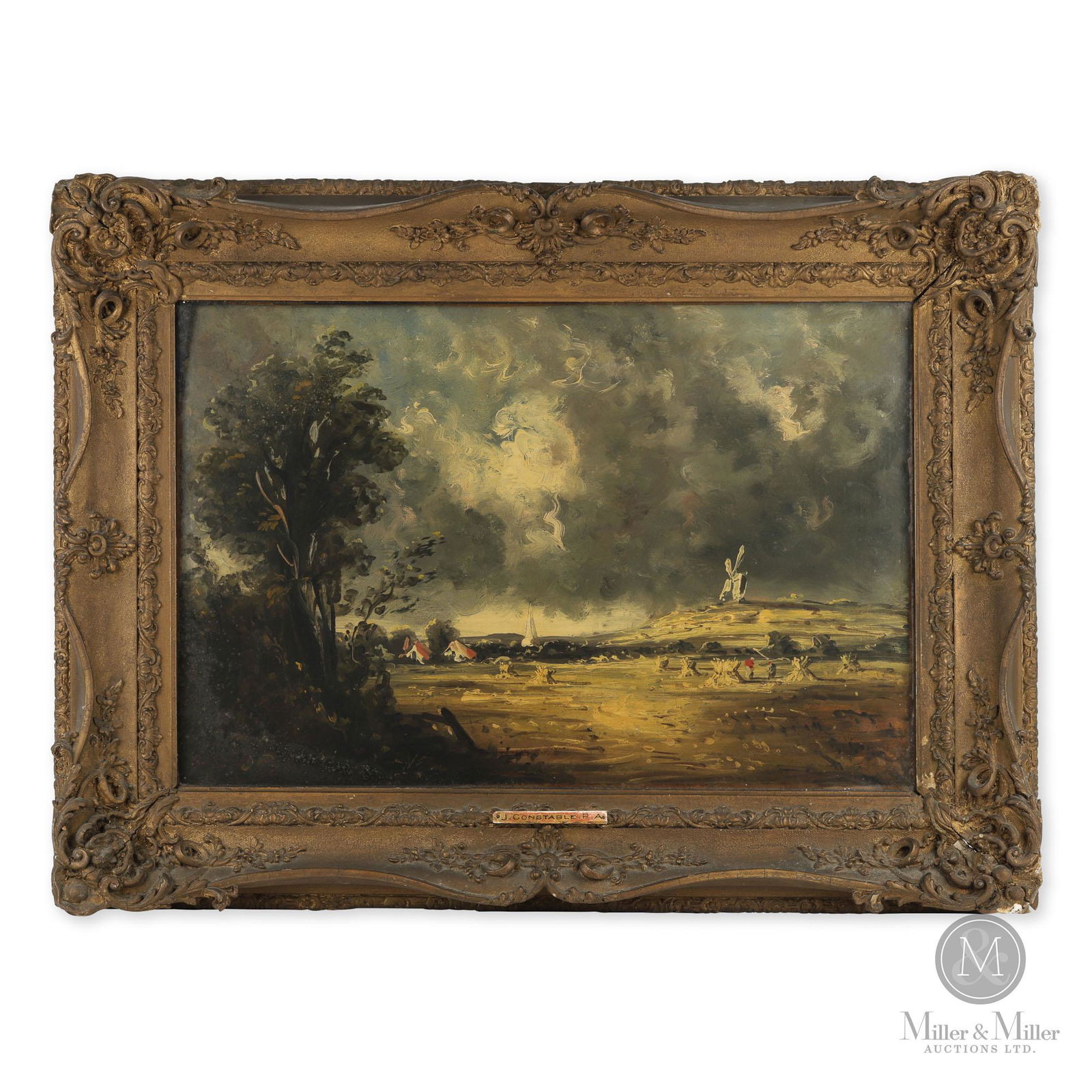 After John Constable (English 1776-1837) Oil on Canvas: A typical landscape in the style of late 18th/early 19th century. Much interest depicted with harvesting, windmill and a town with church spire. Good condition. There is a frame spacer that has come l