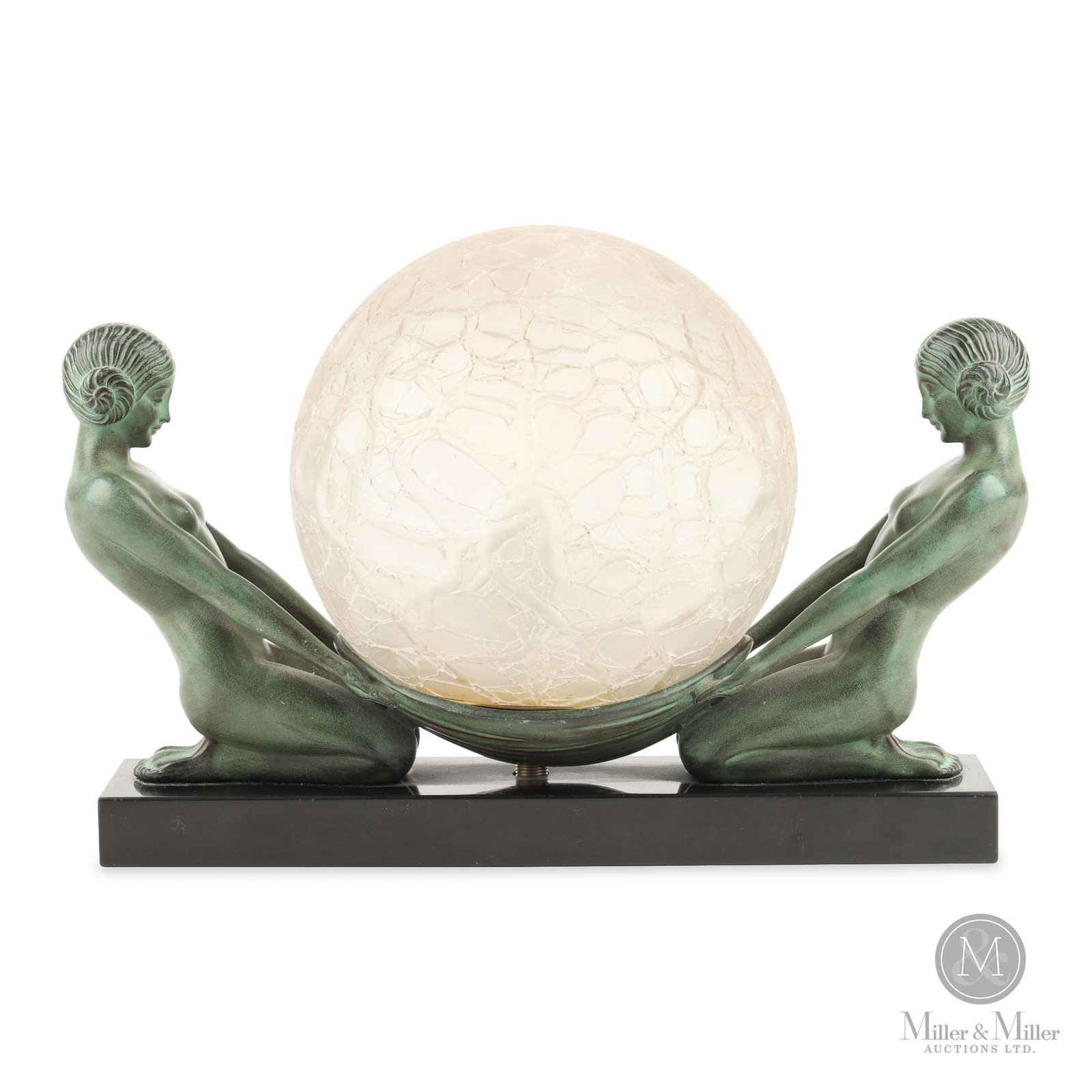 Table Lamp with Nude Figures: A very attractive early 20th century verdigris patinated figural table lamp. The lamp in the form of a pair of twin nude female figures kneeling with arms outstretched while supporting a molded, textu