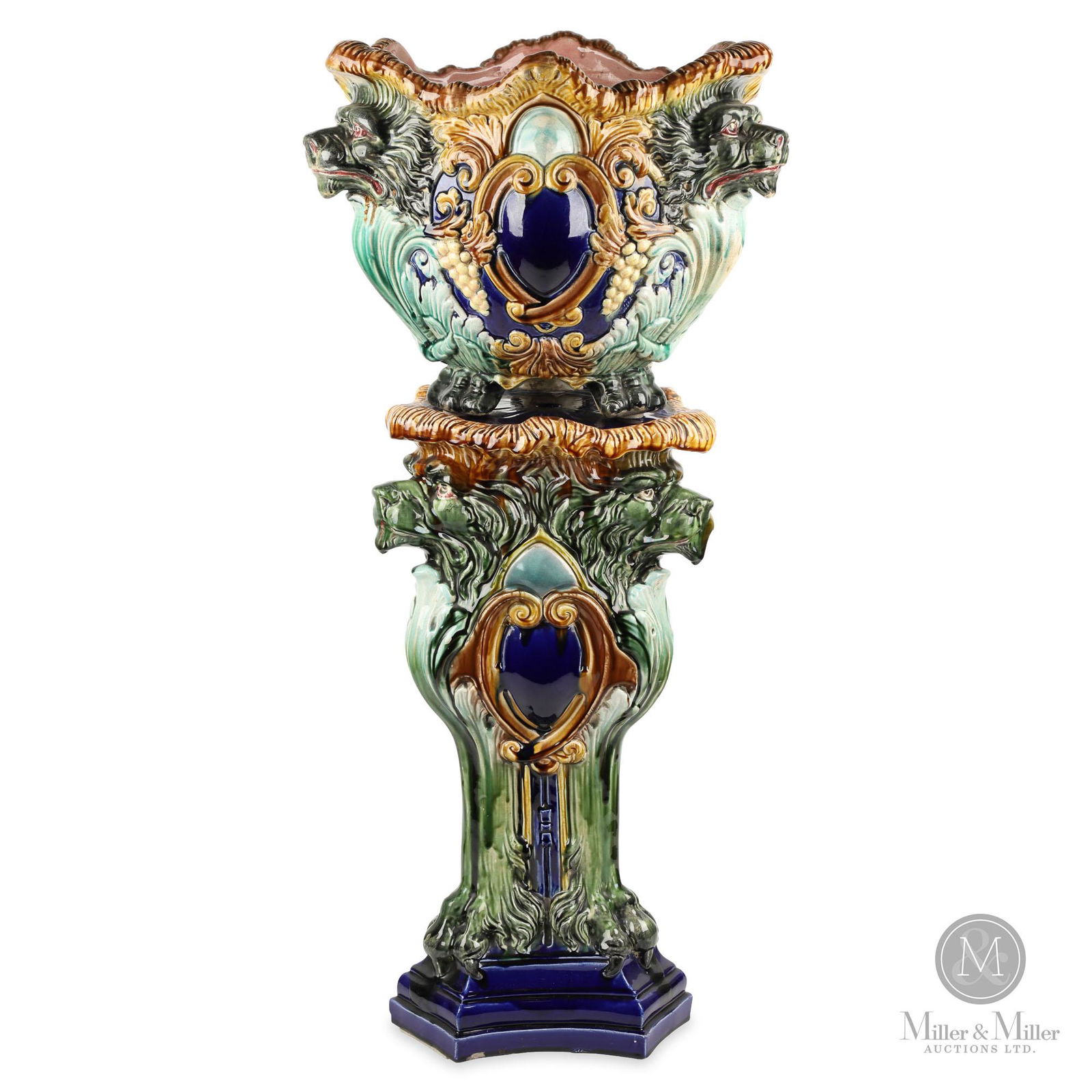 Majolica Lionhead Jardiniere & Stand (1 of 12)
