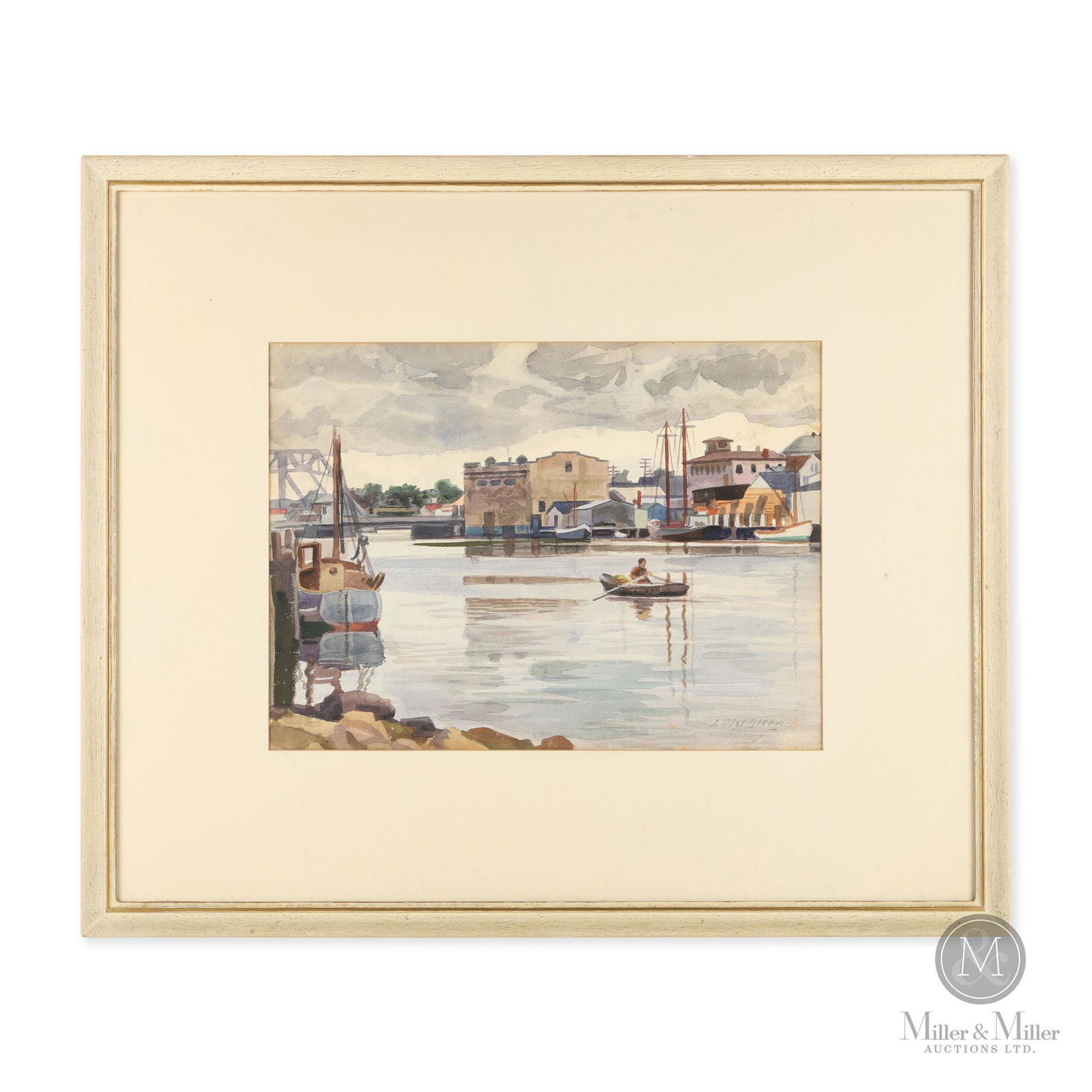 J. Olaf Olson (American, 1894-1979) Watercolour: Harbour scene of a fisherman in skiff. Good condition. Joseph Olson. Signed "J. Olaf Olson" lower right. Watercolour on paper. American. 20th century. Sight: 11.5" H x 15.5" W. CODE-PFA