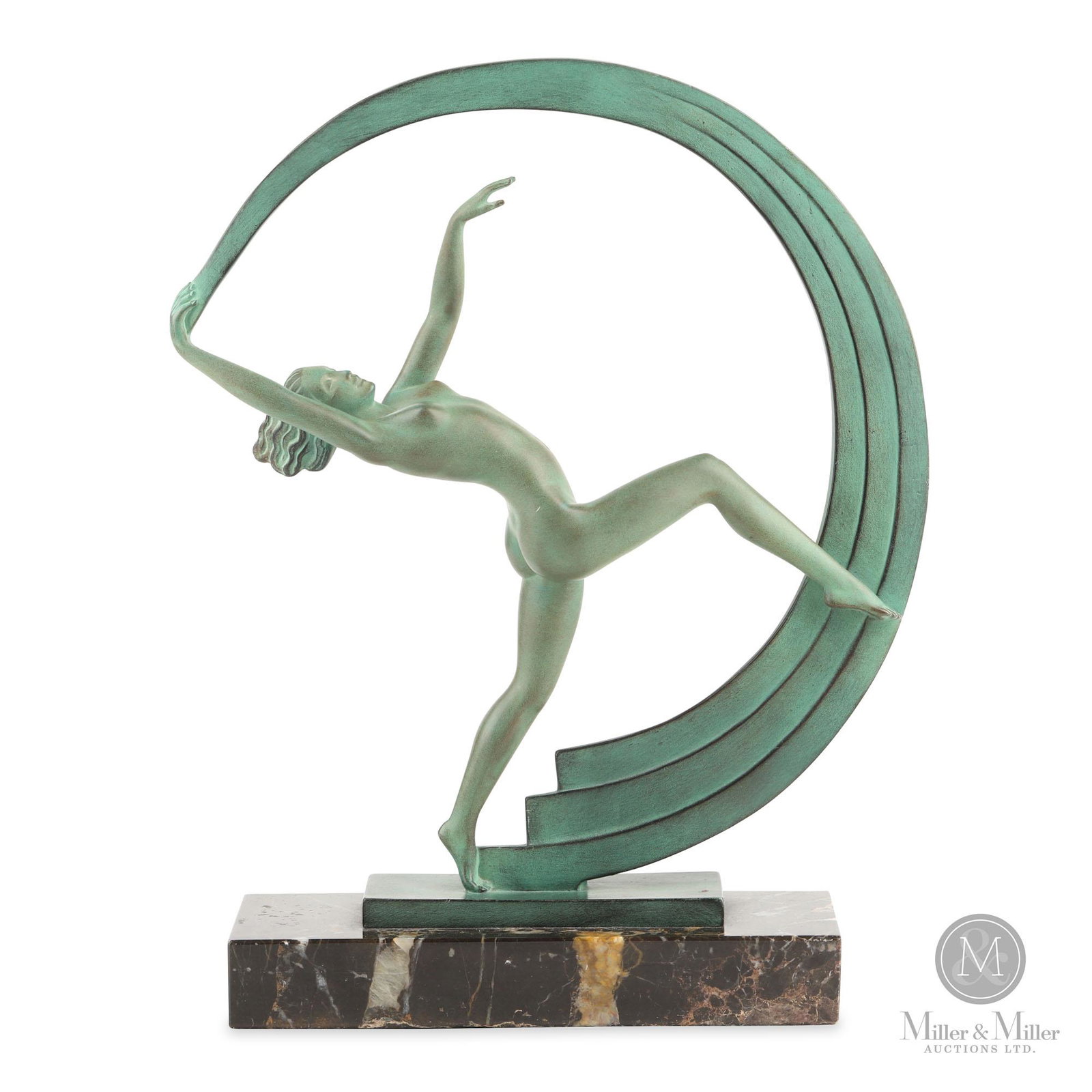 Jean Lemoine, Dancer with Scarf: A dramatically posed early 20th century verdigris patinated bronze sculpture of a female dancer. The slender female nude figure shown standing on one foot, her back arched while drawing a panelled sca