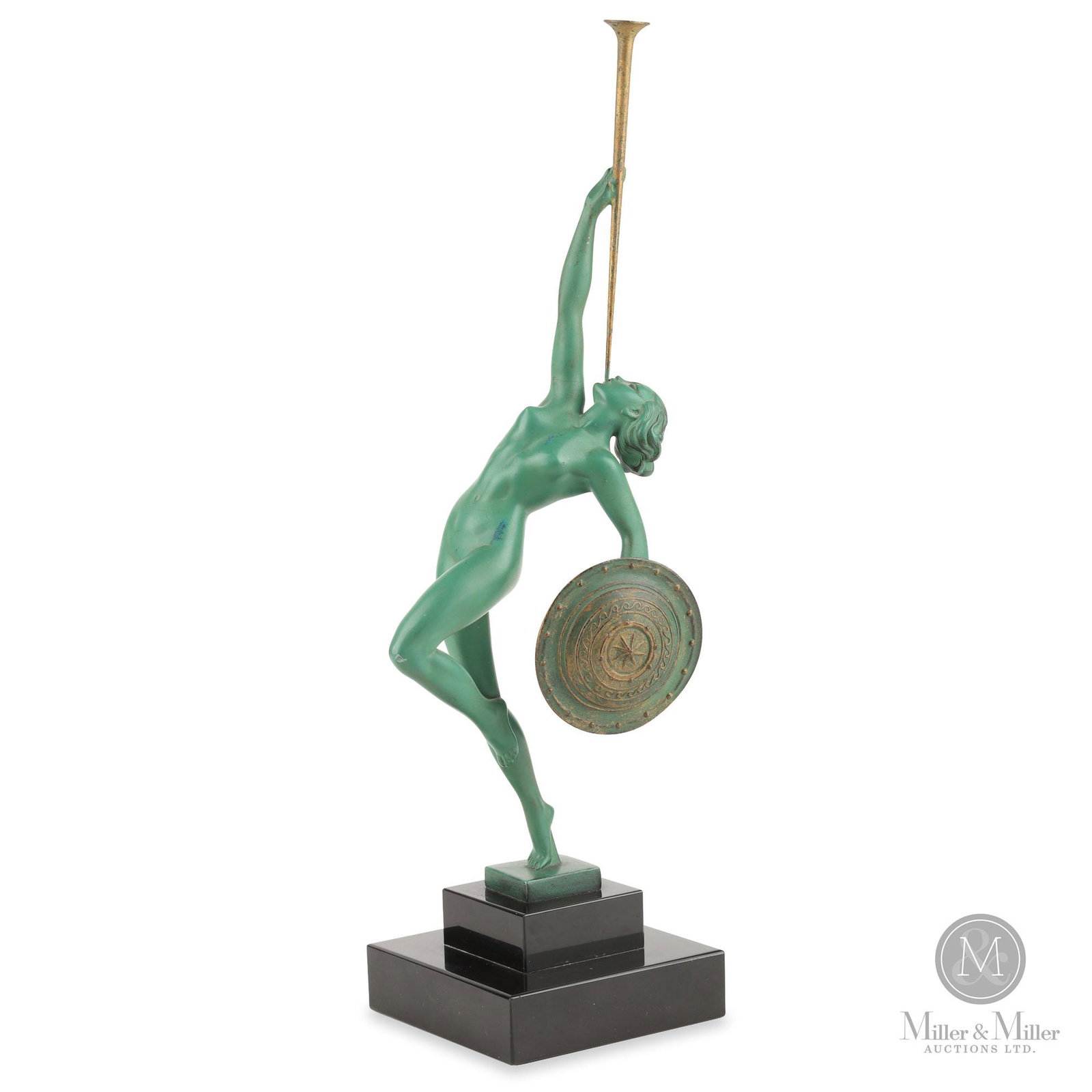 Raymonde Guerbe (1892-1966), Fanfare Dancer: A striking early 20th century verdigris patinated and parcel gilt figural bronze in the form of a trumpeting nude Amazon. Dramatically posed, the standing lithe figure shown arching backwards, shield 