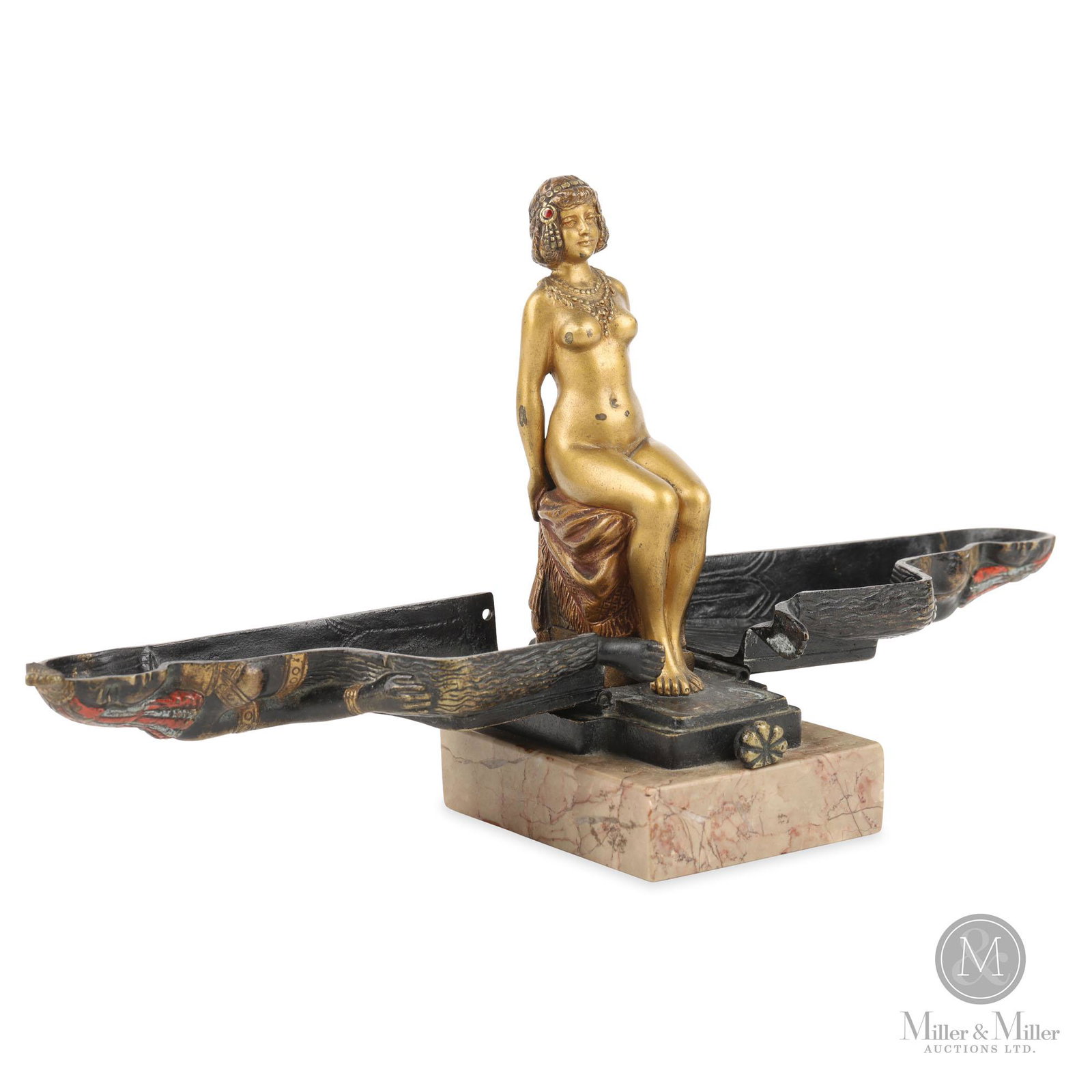Franz Xavier Bergman (1861-1936), Orientalist Bronze: A very good early 20th century cold painted and patinated 'naughty' mechanical bronze, showing the hand painted figure of a seated Egyptian Queen - opening to reveal her gilt patinated nude figure ado