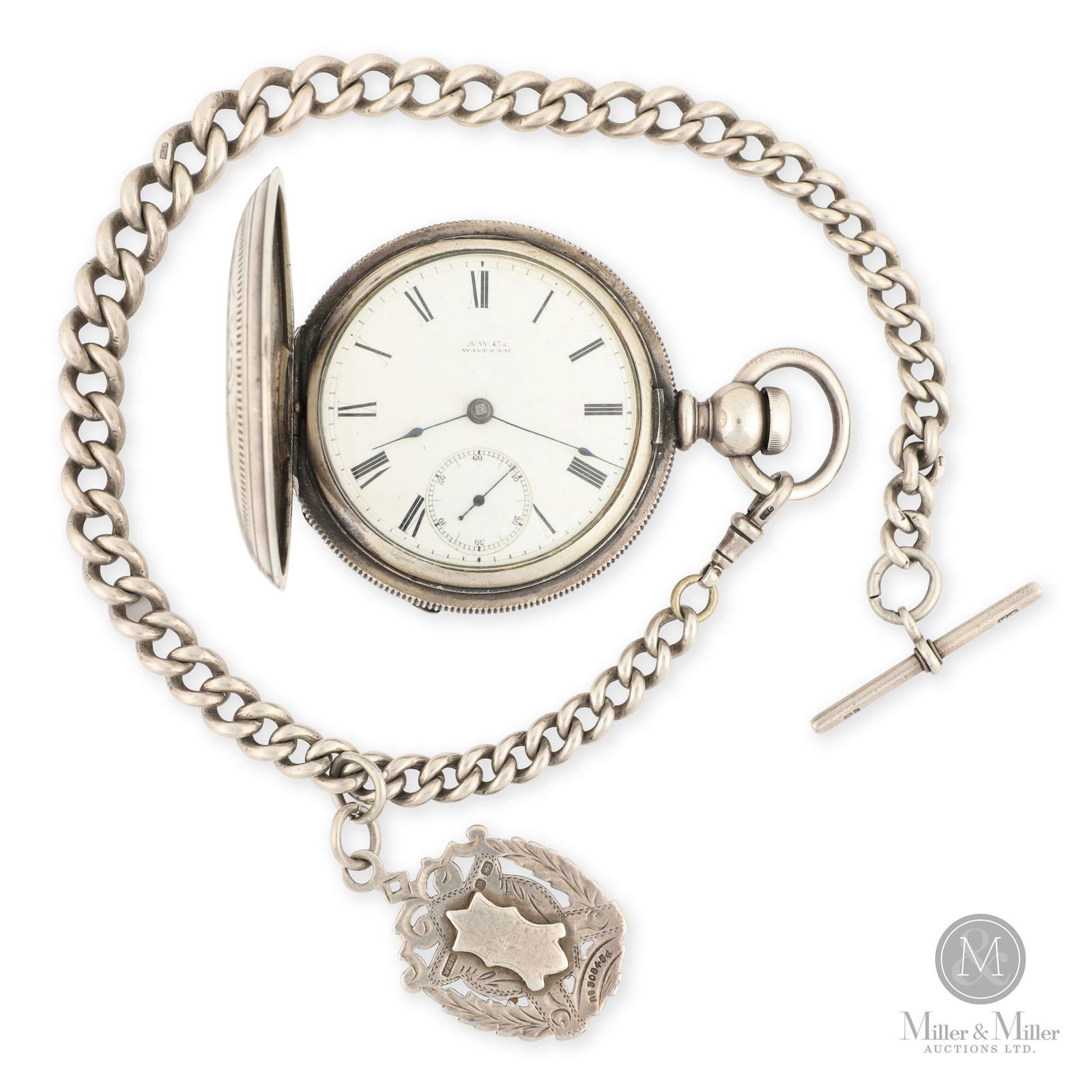 Waltham , 18S Coin Silver P.S. Bartlett: American. Serial number 2289685, circa 1884. Coin silver case, Sterling silver chain and fob. Case marked, "Fahy's No. 1", chain hallmarked on each link, clasps and fob. Includes a large Sterling silv