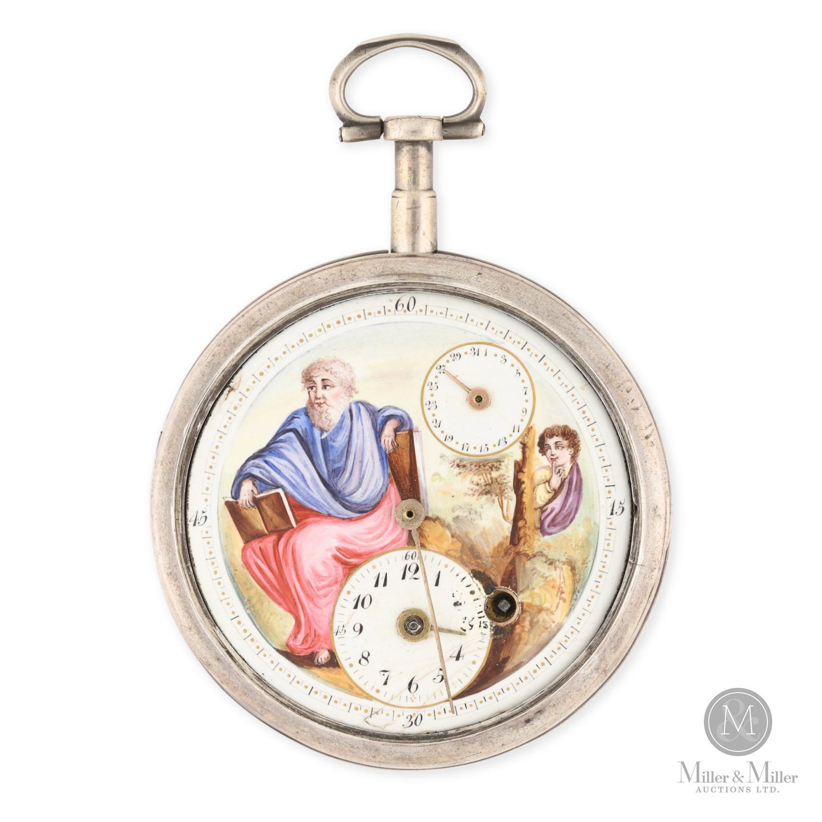 Early Swiss Fancy Dial: Swiss. 1890s Coin silver case. Exhibits touch up to dial surrounding the winding arbor. Gross weight of assembled watch, 101 grams. 60mm case diameter. The watch was found to be running at the time of