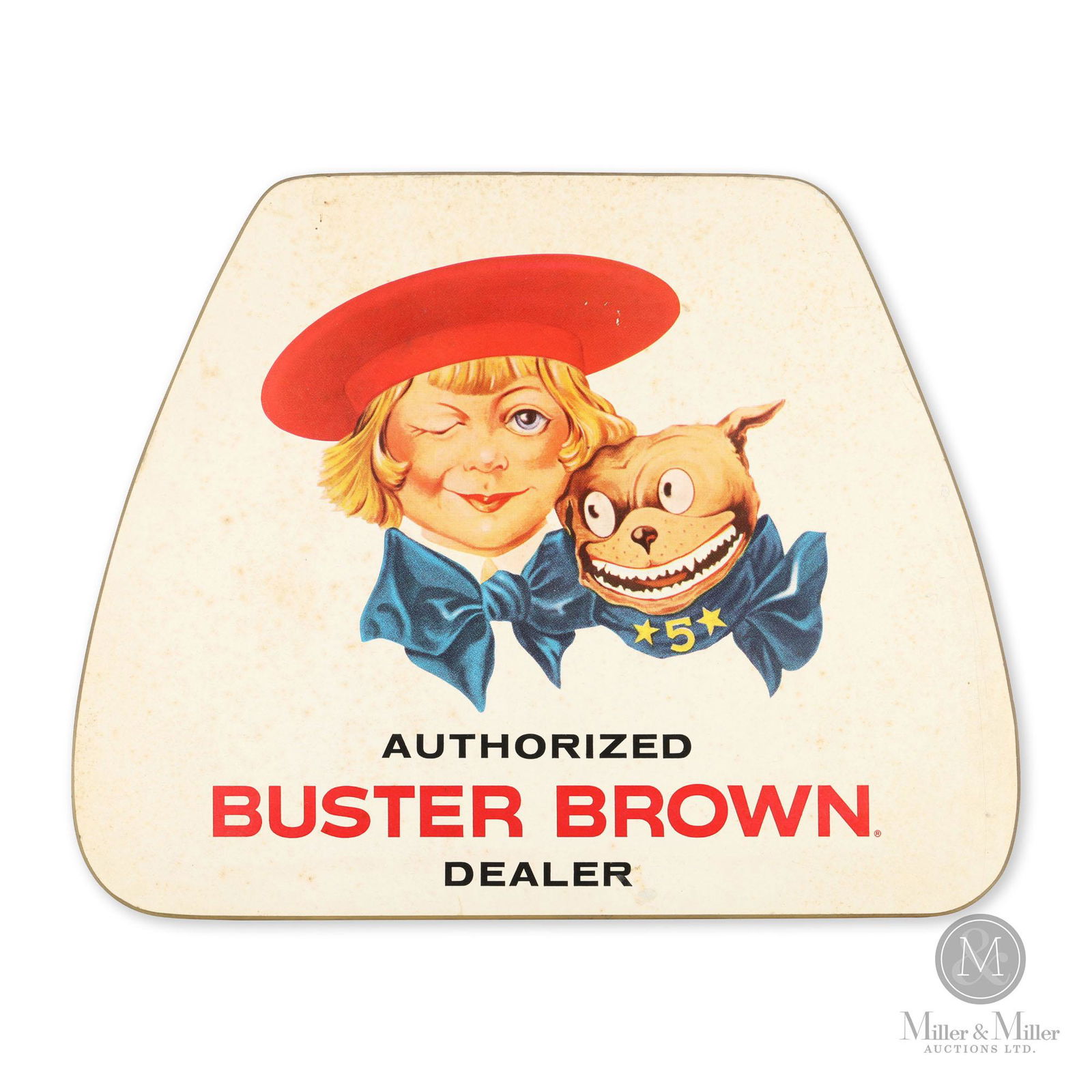 Buster Brown Shoes Counter Sign: Canadian. 1960s. Laminated masonite with a cardboard easel back. Features a collapsible easel back for counter top display. Exhibits light uniform soil covering much of the surface. From the Joe Byway