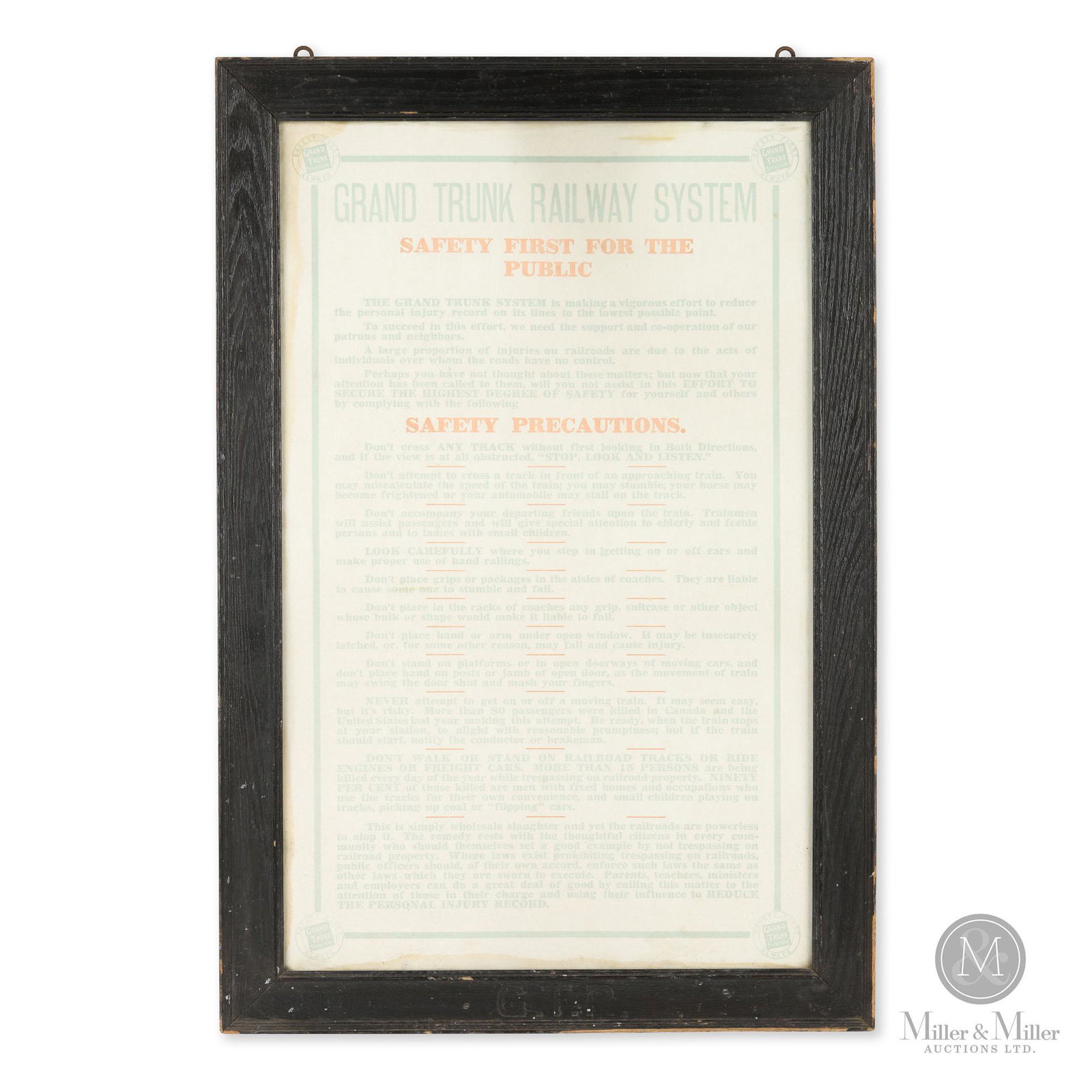 Grand Trunk Railway Public Safety Poster: Canadian. 1920s. Single sided lithographed cardboard. Frame marked, "G.T.R" lower edge. Poster exhibits heavy, uniform fade and a water stain along the lower edge. From the Joe Byway Collection. Sight
