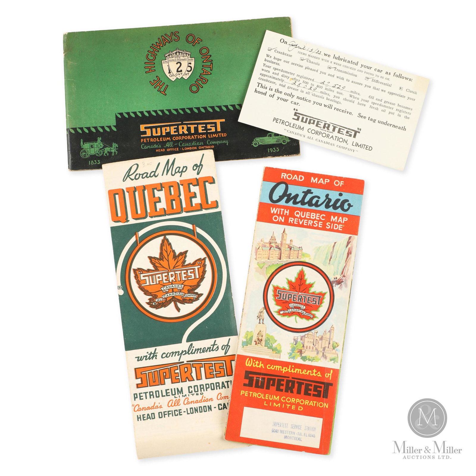 Supertest Road Maps & Ephemera: Canadian. 1930s. Paper. Includes: one Ontario road map, one QuÃ©bec road map, one oil change reminder card and one booklet entitled "The Highways of Ontario". Map of QuÃ©bec exhibits pencil writin
