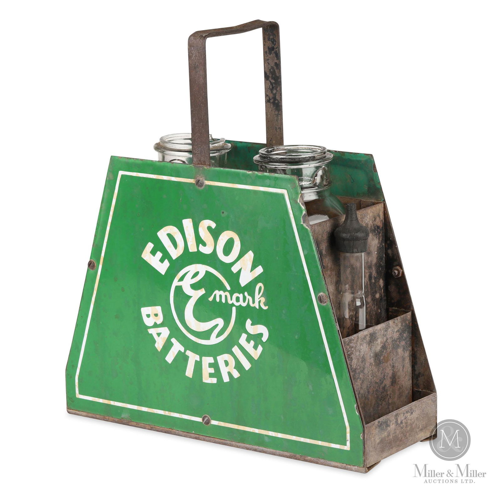 Edison Battery Service Caddy: American. 1930s. Two single sided porcelain (SSP) panels mounted to a steel frame. The caddy provides portable storage for two acid jars and all additional tools required for servicing batteries. Porc