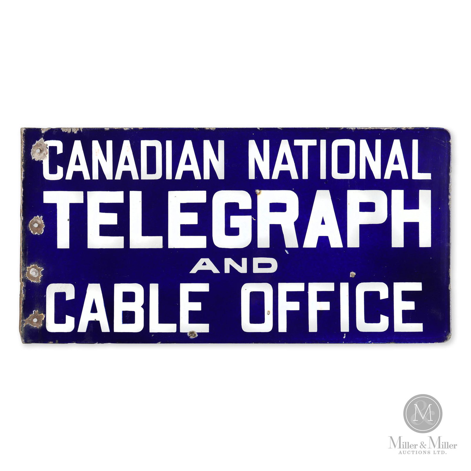 Canadian National Telegraph & Cable Office Sign: Canadian. 1920s. Double sided porcelain flange (cut) (DSPF). Porcelain losses at the edge from which the flange was cut. Four added mounting holes with accompanying porcelain losses surrounding each. 