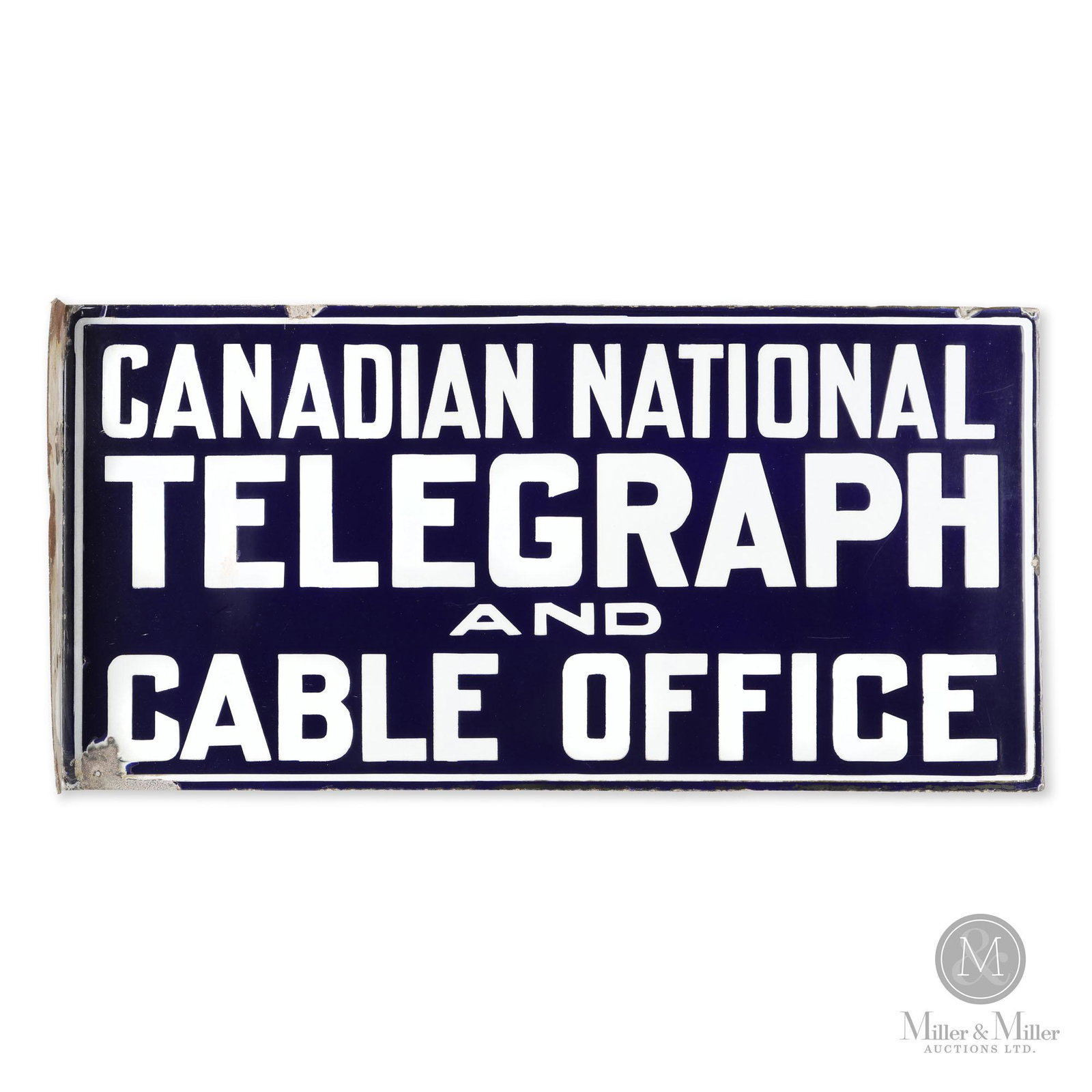 Canadian National Telegraph & Cable Office Sign: Canadian. 1910s. Double sided porcelain flange (DSPF). Exhibits a patch of porcelain loss in the lower left quarter (lower right quarter obverse) and minor losses along the outer edge. Moderate to hea