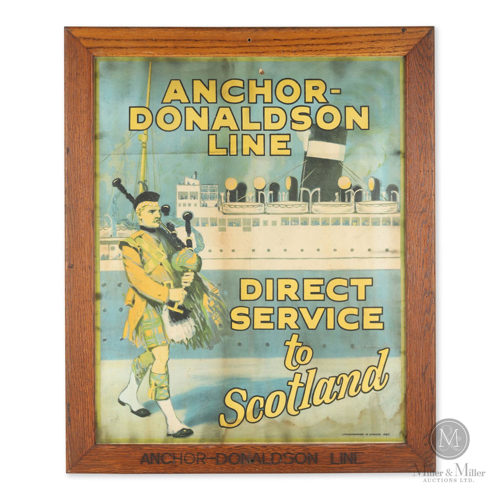 Anchor-Donaldson Line Scotland Poster: Canadian. 1920s. Lithographed paper. Marked, "Lithographed in Canada 1925" lower right edge. Frame marked, "Anchor-Donaldson Line". Exhibits moderate airburn staining. Water stains and soiling evident