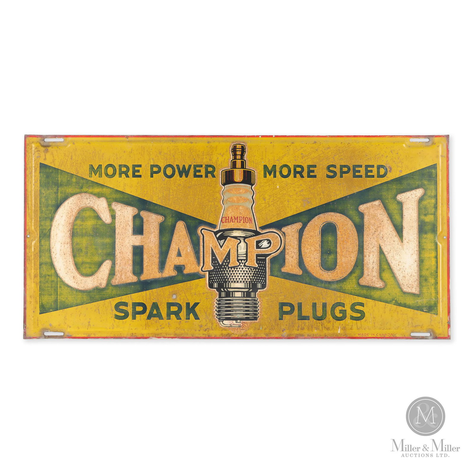 Champion Spark Plugs Sign: Canadian. 1940s. Single sided embossed tin (SST). Marked, "Made in Canada" lower right edge. Exhibits light fading and minor to moderate oxidation over much of the surface. Condition: 6.5. From the Jo