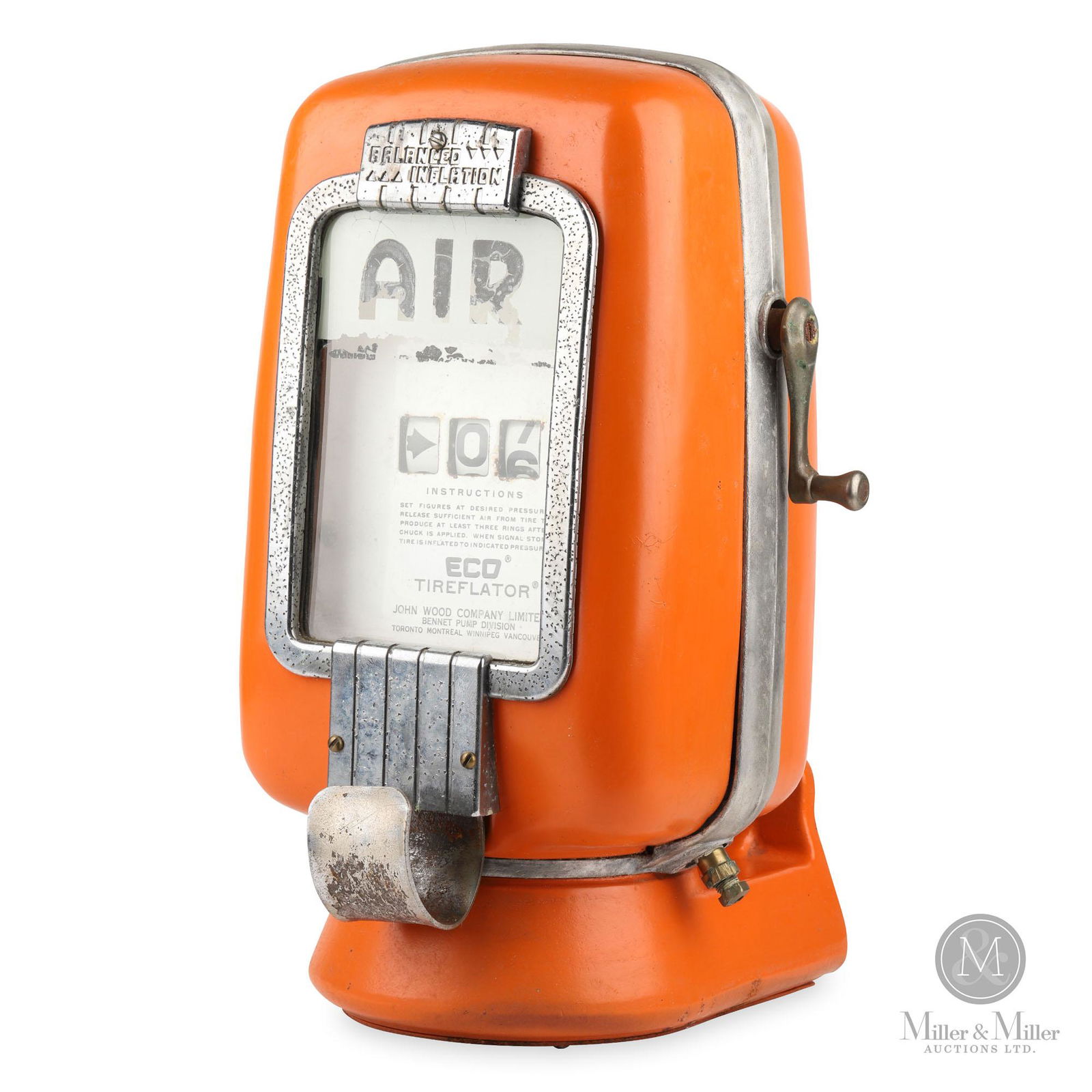 Eco Model 97 Air Meter: Canadian. 1950s. Tagged, "John Wood Company Limited, Bennett Pump Division, Toronto, Montreal, Winnipeg, Vancouver". Painted in Supertest orange. Chrome trim exhibits uniform oxidation and losses can