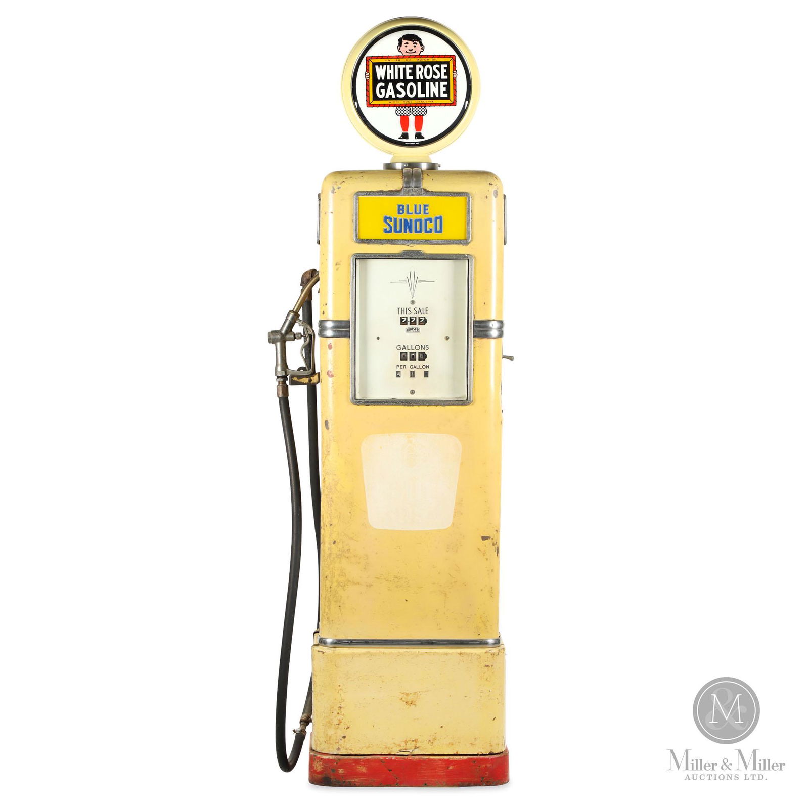 Bowser 565 Gasoline Pump: Canadian. 1950s. Tagged, "Mf'd and Sold by Bowser Co. Ltd., Toronto, Ontario, Canada". This model was made in two base heights; this one being the higher base example. Wearing original "in service" wh