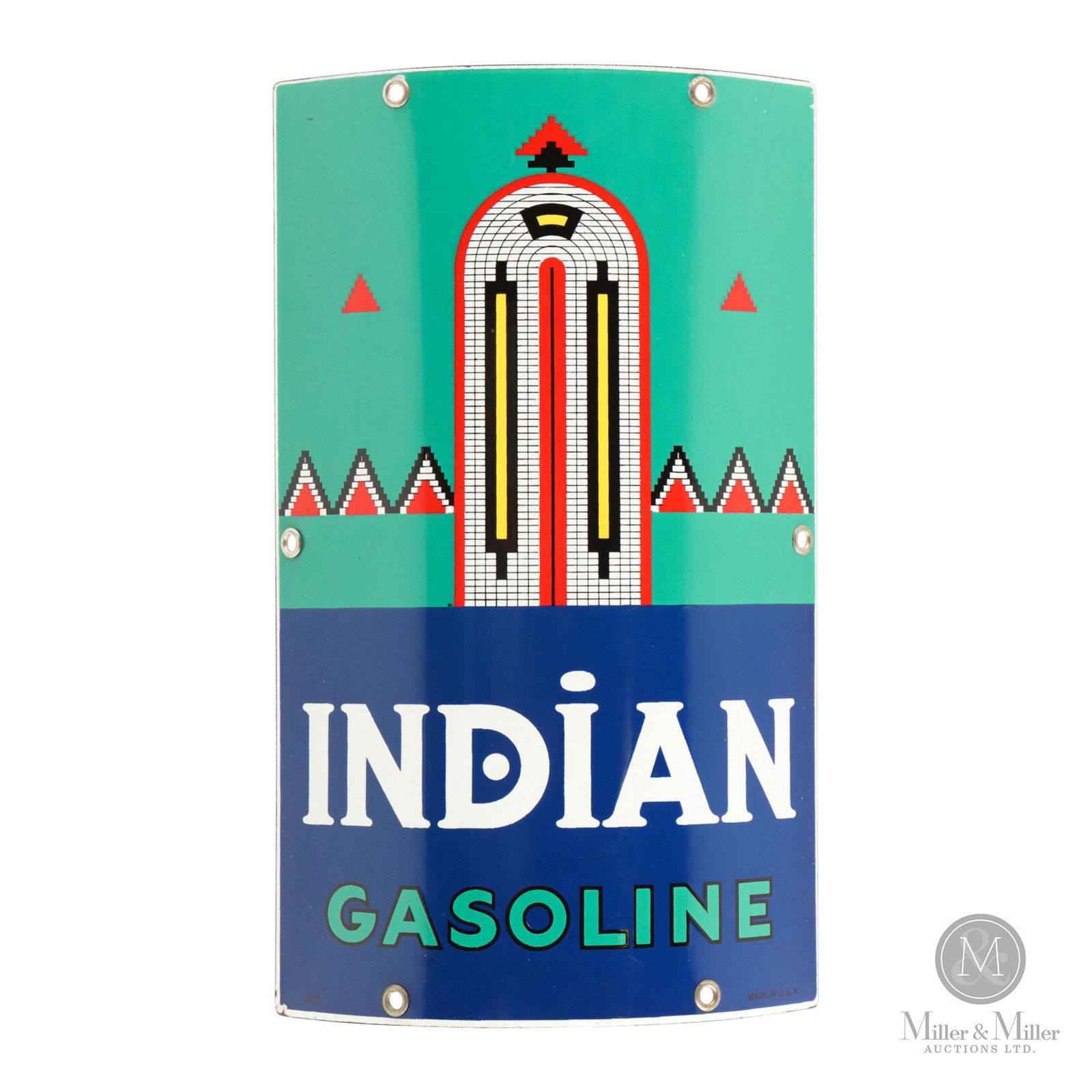Indian Gasoline Convex Pump Sign: American. 1940. Single sided porcelain (SSP), convex. Extremely minor porcelain losses from extreme edges of lower corners. Marked, "3-40", lower left edge and "Made in USA" lower right edge. 12" x 7"