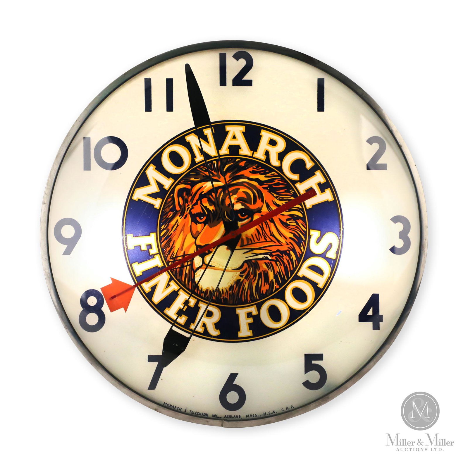 Monarch Foods Lighted Clock: American. 1950s. Reverse painted glass dial, composite case. Missing both bulb covers on reverse of case. Features second hand with indicator. Marked "Monarch 3 Telechron Inc Ashland Mass. USA C.A.P."
