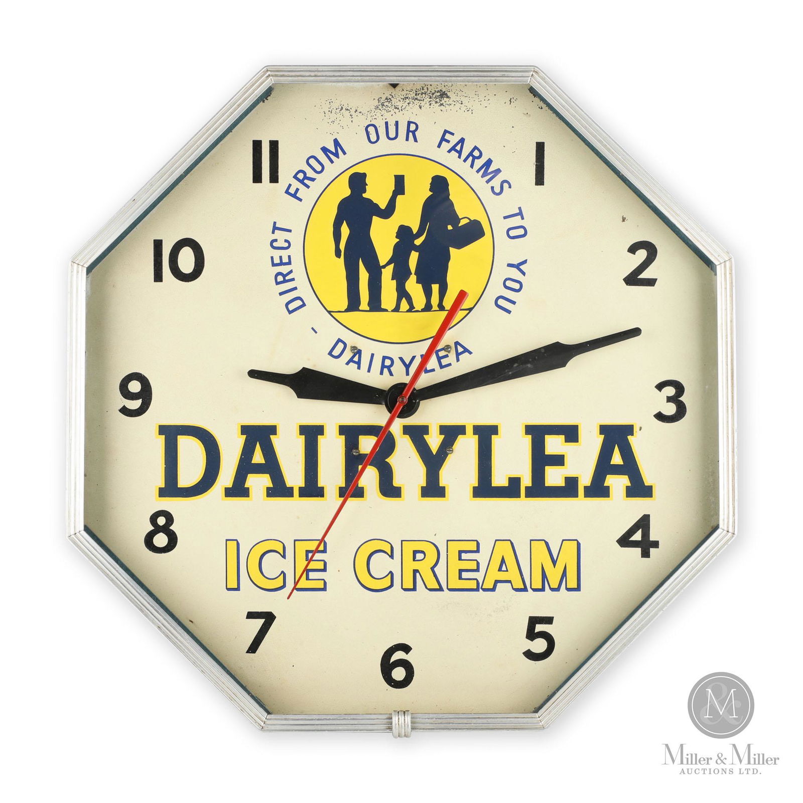 Dairylea Ice Cream Clock: American. 1940s. Single sided screened metal dial, painted metal case. Retains original Synchron clock movement. Tagged, "Built by Lackner, Cin O" rear. 18.25" x 18.25" x 3.5".