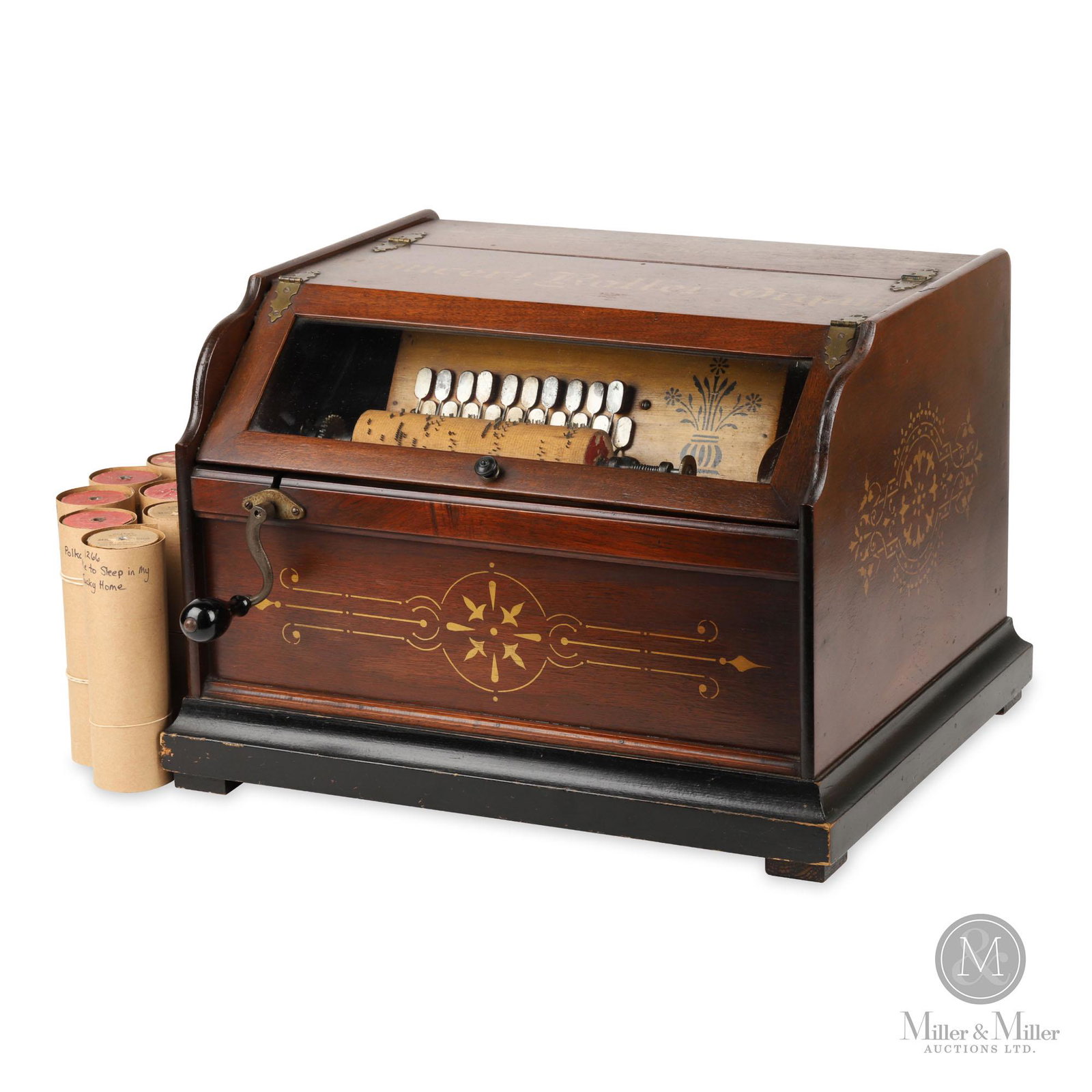 Concert Roller Organ: American. 1904. Excellent working and cosmetic condition with clear, fully intact stencilling. A fine example of this popular cob roller organ introduced in the late 19th century. Horseless Carriage M