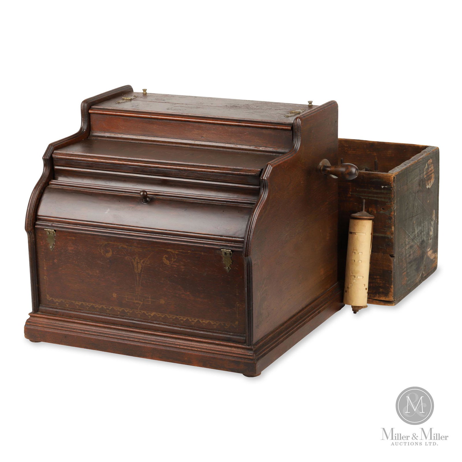 Celestina Paper Roll Organ: American. c1890. Good cosmetic condition, but some fading of the stencilling. Works well and plays loud. Paper rolls or cobs; that was the choice offered by organette makes of the late 19th century. T
