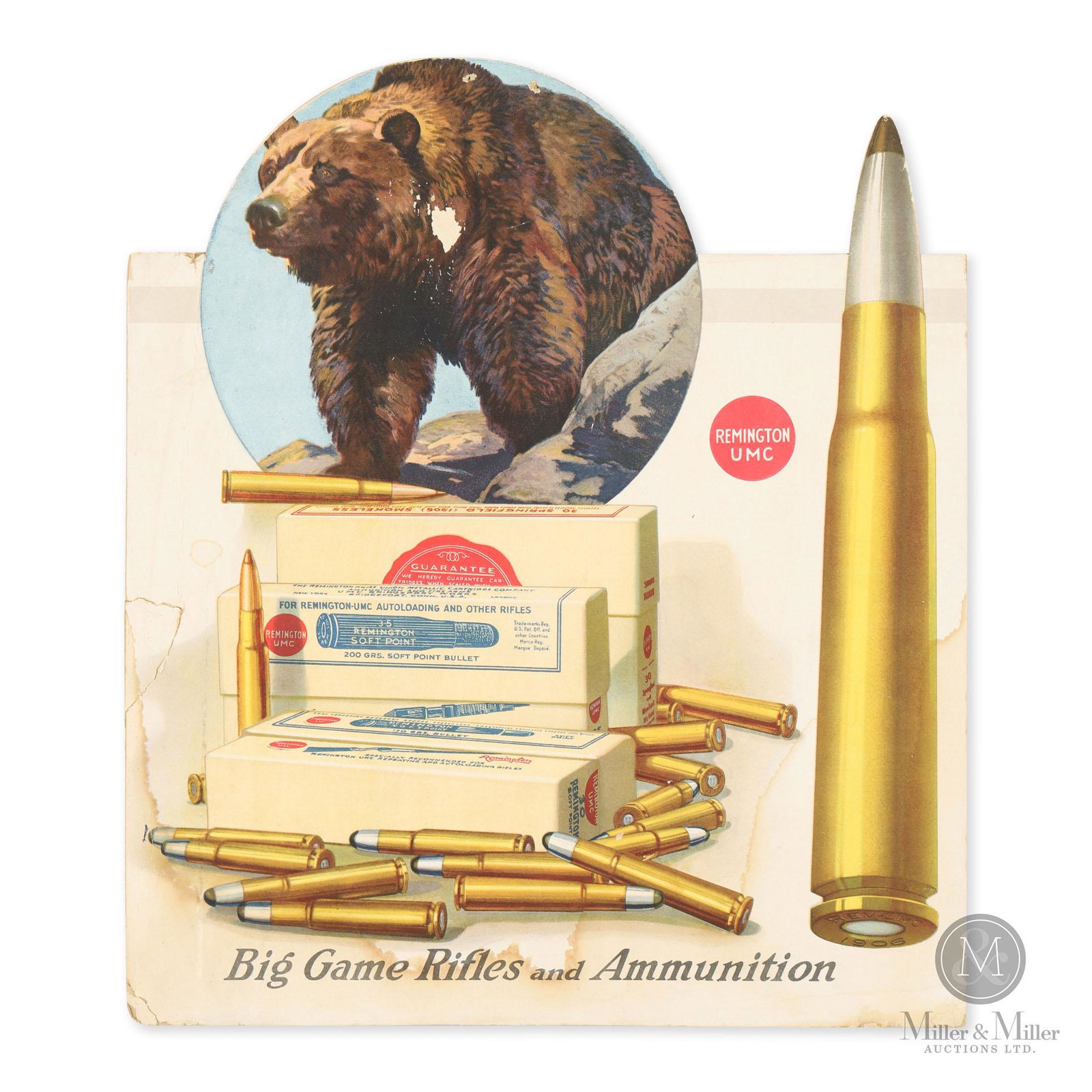 Remington UMC Big Game Rifles Poster: American. 1930s. Single sided lithographed die cut cardboard. Exhibits water staining through lower half. Scattered losses including a patch of loss within the center of the bear vignette. A closed te