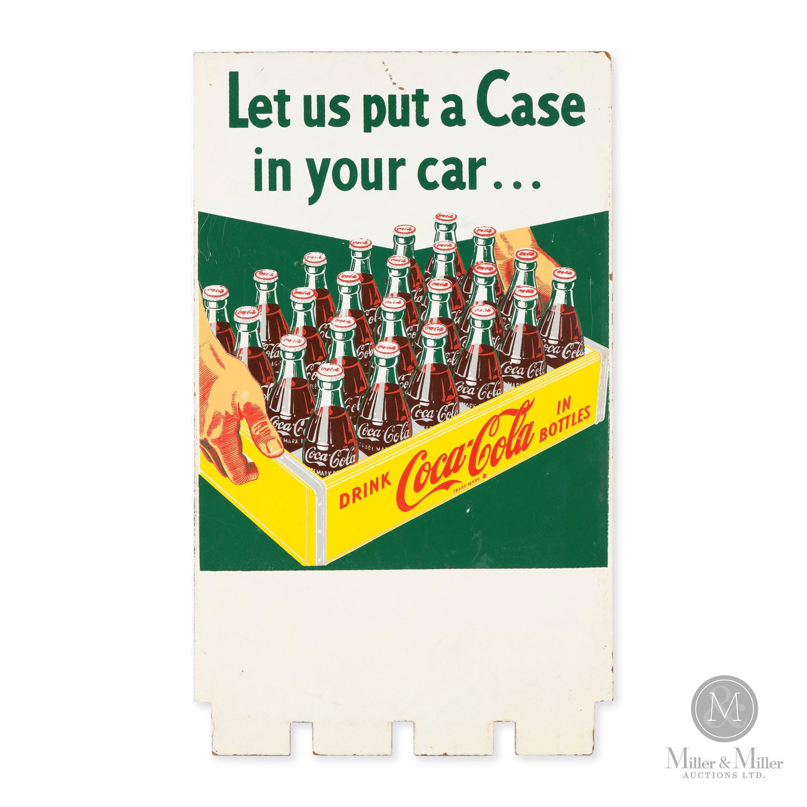 Coca-Cola Case Service Sign: American. 1950s. Single sided masonite (SSM). Exhibits minor surface scratches including a larger scratch within the upper quarter. See page 96 of Alan Petretti's "Coca-Cola Collectibles" book for a s