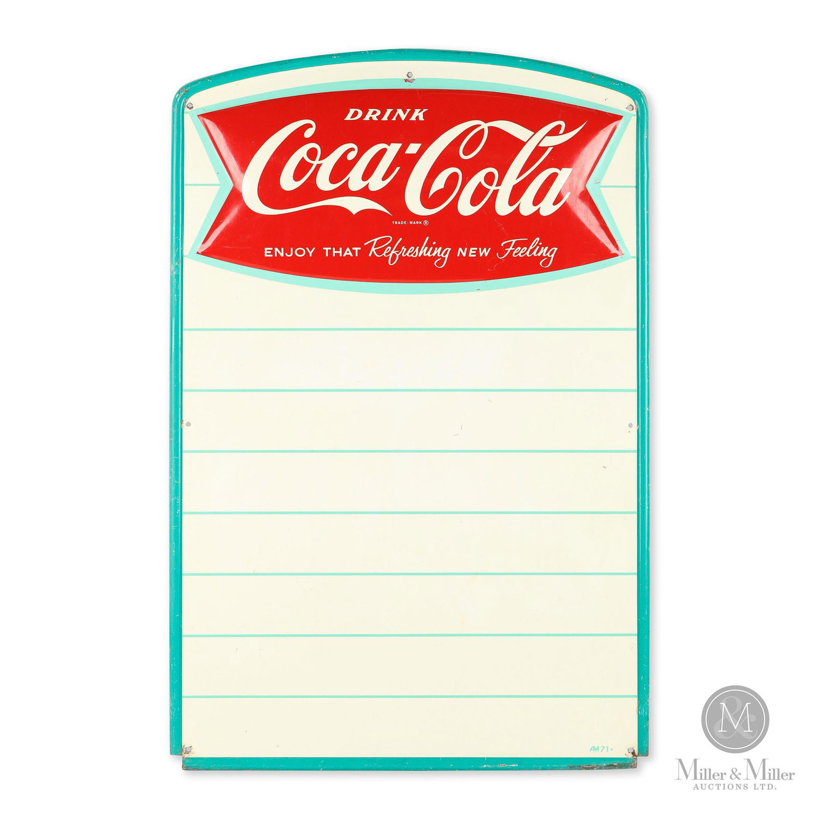 Coca-Cola Fishtail Menu Board: American. 1959. Single sided tin, embossed (SST). Exhibits minor oxidation and surface scratches; mainly at the lower edge. Shown on page 227 of Alan Petretti's "Coca-Cola Collectibles" book. This sty