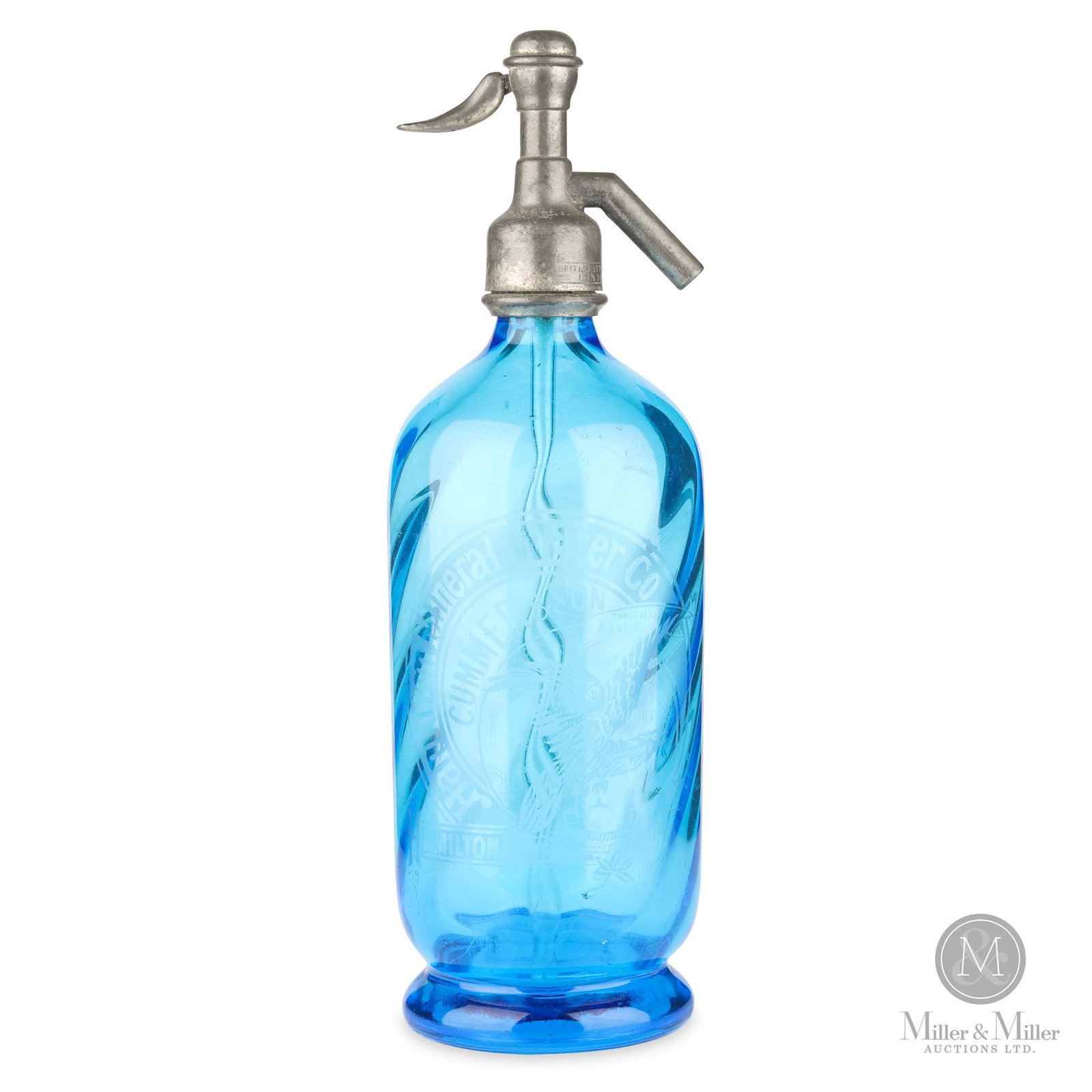 Cummer and Son, Hamilton Seltzer Bottle: Canadian. 1920s. Cornflower blue swirl glass. Spigot stamped, "British Syphon Co., London". 12.25"x4"(d).