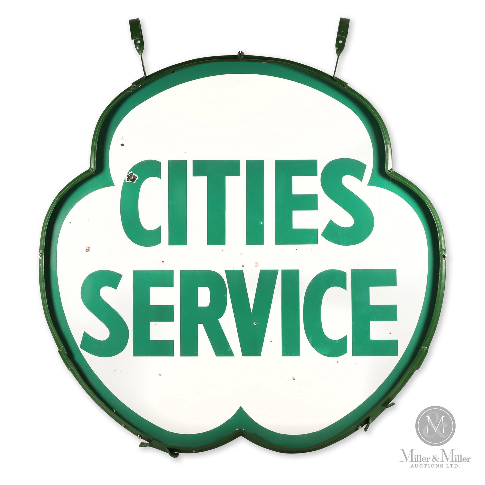 Cities Service Gasoline Dealer 6' Sign: American. 1940s. Double sided porcelain (DSP) in original steel frame. Scattered minor porcelain losses. Marked, "Veribrite Signs Chicago, New York, Dallas" lower inside edge. 6' diameter.