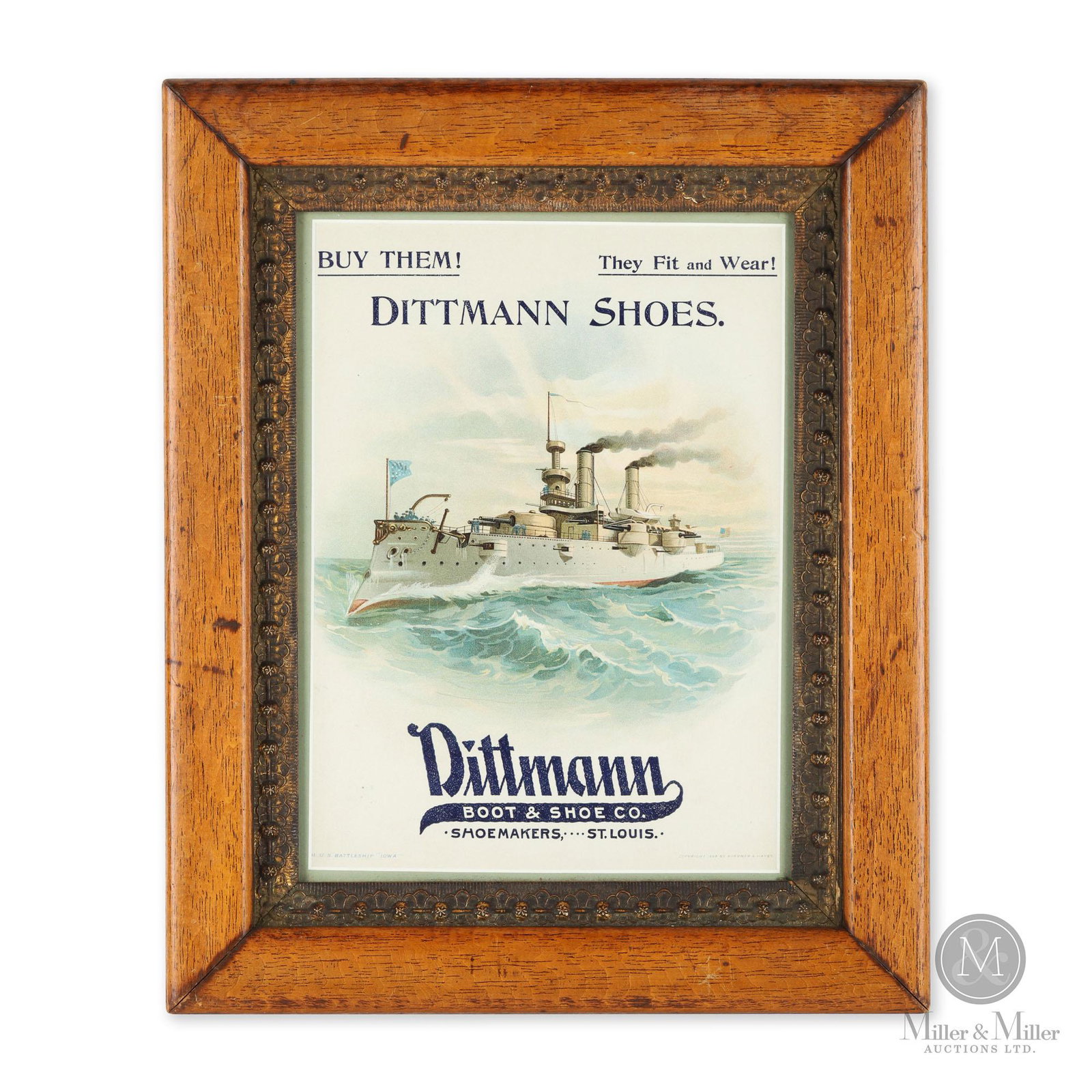 Dittman Boots and Shoes Lithograph: American. 1900s. Single sided lithographed poster. Fit to period oak frame. Marked lower left corner "US Battleship Iowa" and lower right, "Copyright 1898 by Corner & Hayes". 11.75" x 8.75".