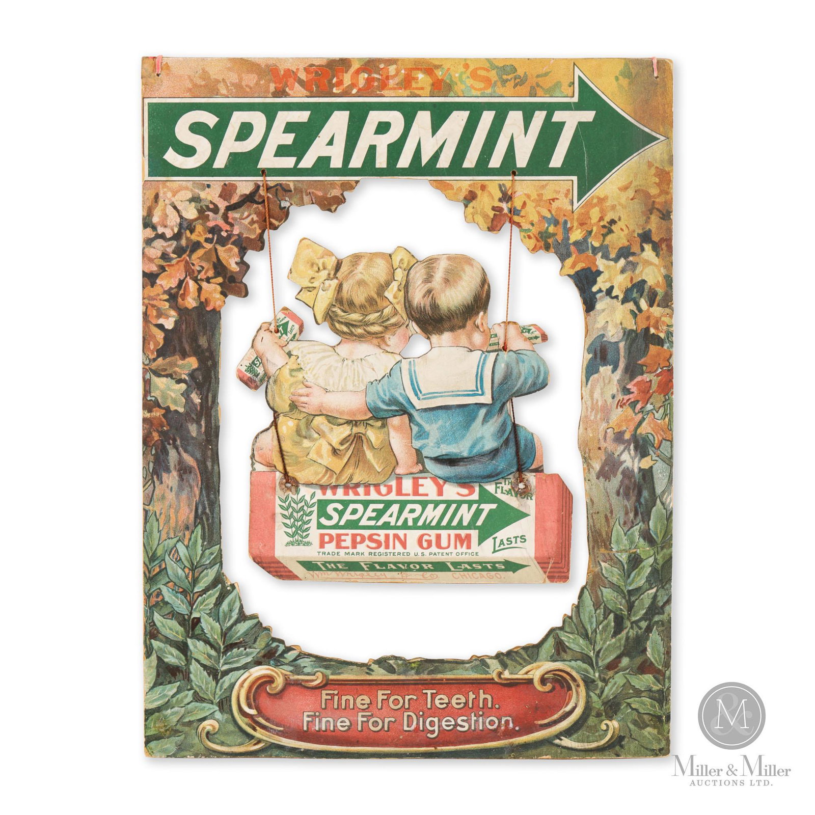 Wrigley's Spearmint Gum Hanging Lithograph: American. 1920s. Single sided cardboard (SSC). Exhibits moderate uniform fade. A heavy horizontal crease exists through the center of the swinging couple. Creased through lower right side. Minor edge 