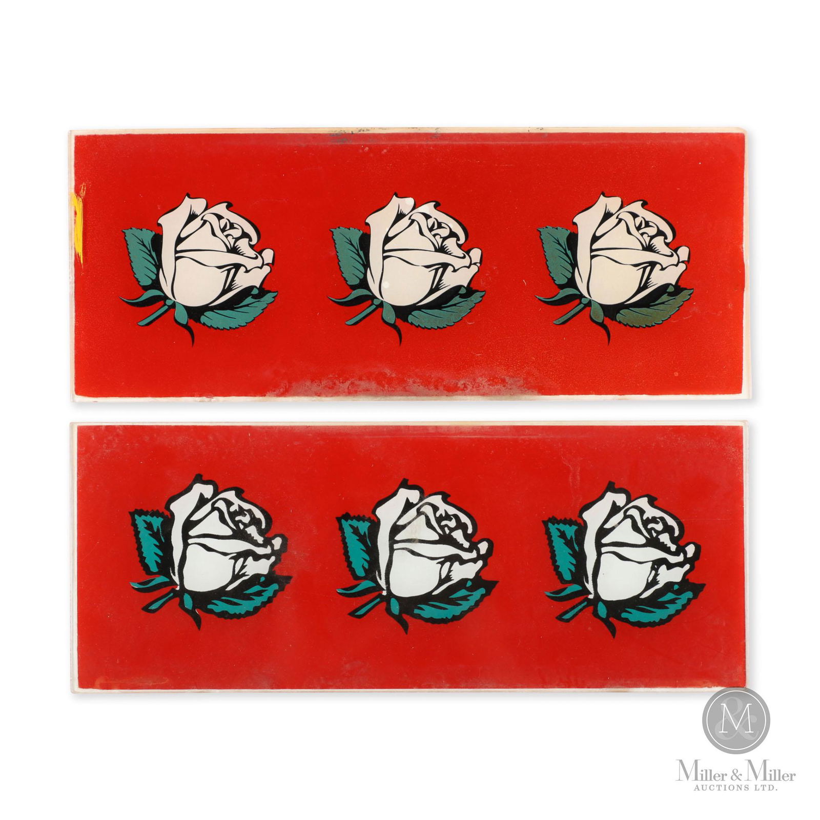 White Rose Gasoline Pump Ad Glass: Two (2). Canadian. 1950s. Reverse fired glass. Minor surface oxidation and a small streak of overpaint are evident. 5 x 12.5".