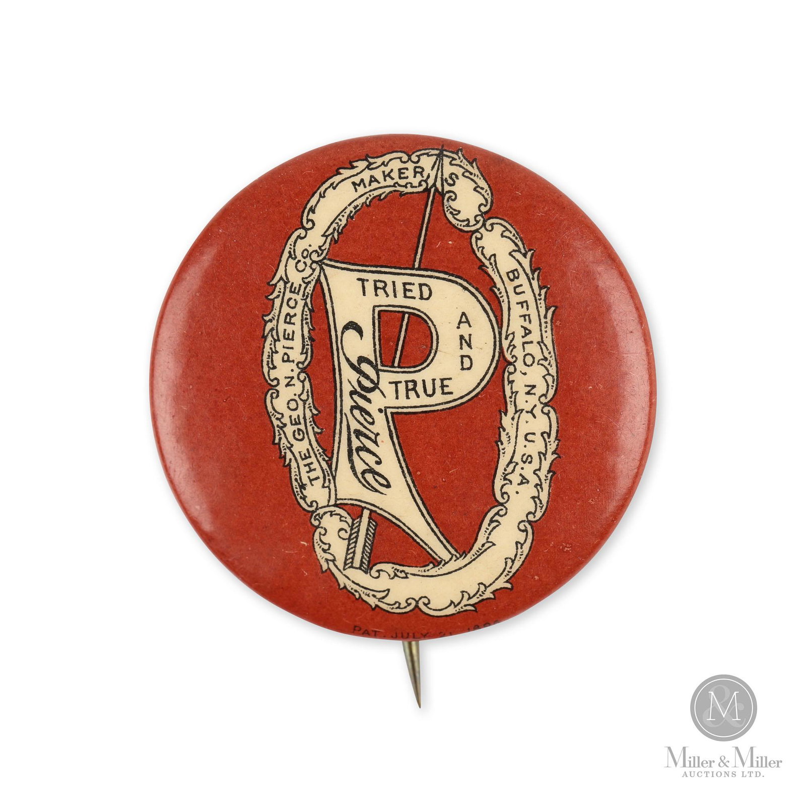Pierce-Arrow Bicycle Pinback Button: American. 1900s. Celluloid over tin. Missing paper in rear. Marked, "Pat July 21, 1896" lower edge. 1.25"(d).