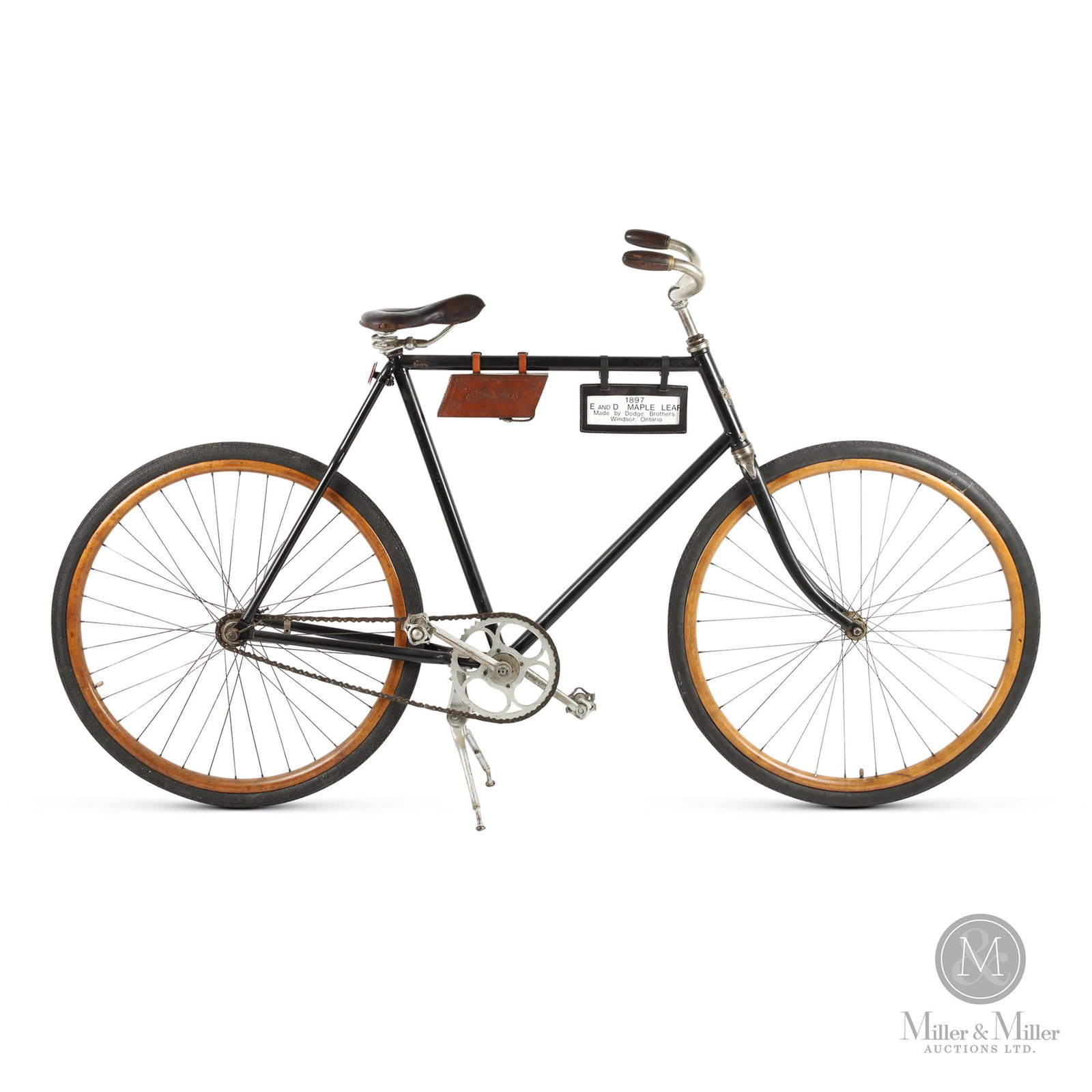 Evans & Dodge Maple Leaf Bicycle: Canadian. 1897. Painted steel, wood rims and rubber tires. Restored rims and new tires. The Dodge Brothers partnered with Fred Evans in Windsor, Ontario to manufacture the E&D Maple Leaf Bicycle. Hors