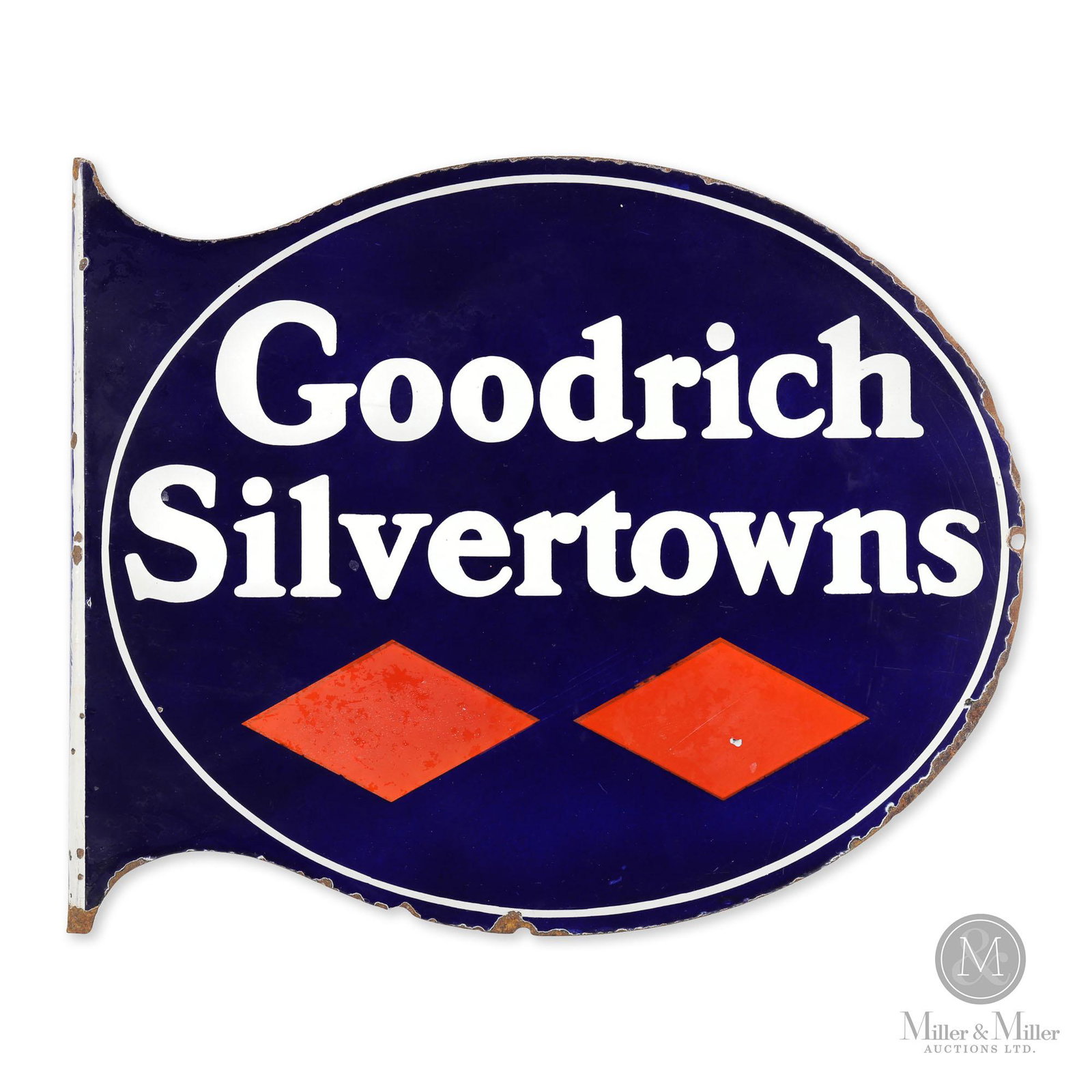 Goodrich Silvertown Tires Flange Sign: Canadian. 1930s. Double sided porcelain flange (DSPF). Exhibits porcelain losses and oxidation surrounding the extreme edges, in the field (one side) and to the inside of the flange. Perforation evide