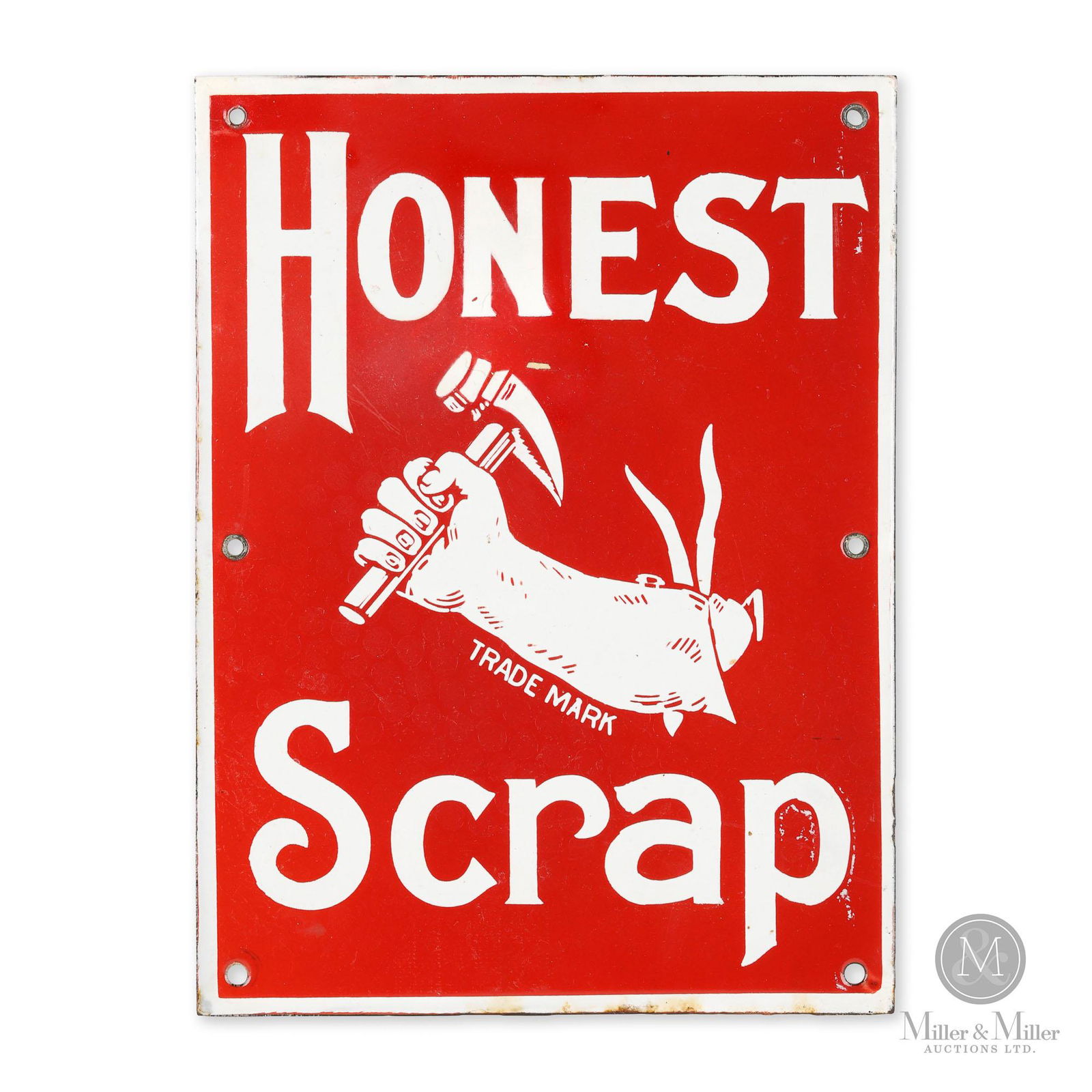 Honest Scrap Tobacco Sign: American. 1920s. Single sided porcelain (SSP). Professionally restored. The restoration has split within the head of the hammer. Minor oxidation at the extreme lower edge. 12" x 9"