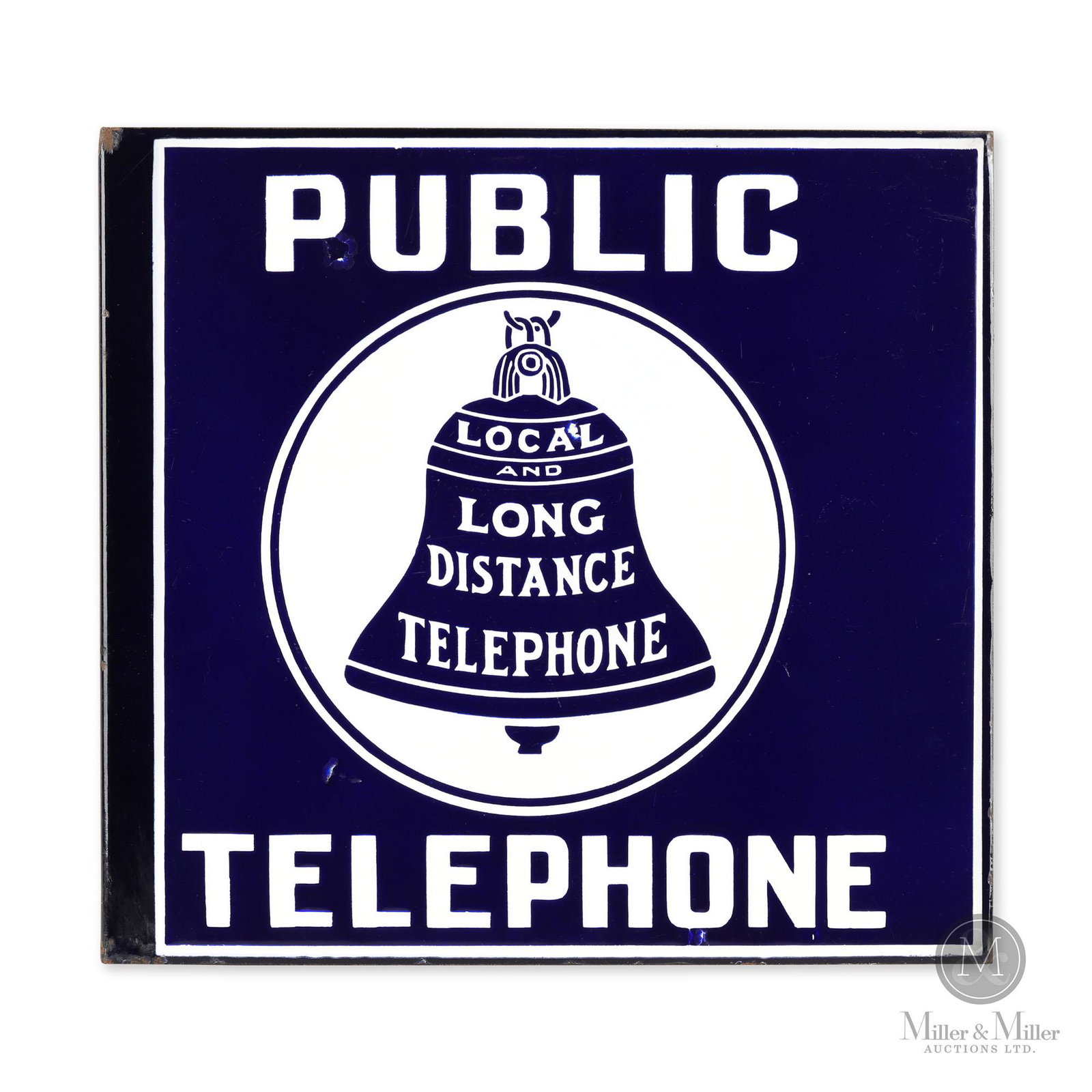 Bell Public Telephone Flange SIgn: American. 1940s. Double sided porcelain flange (DSPF). Each side exhibits a few very minor scattered patches of porcelain loss. Horseless Carriage Museum, Fenelon Falls, Ont. 12 x 11".