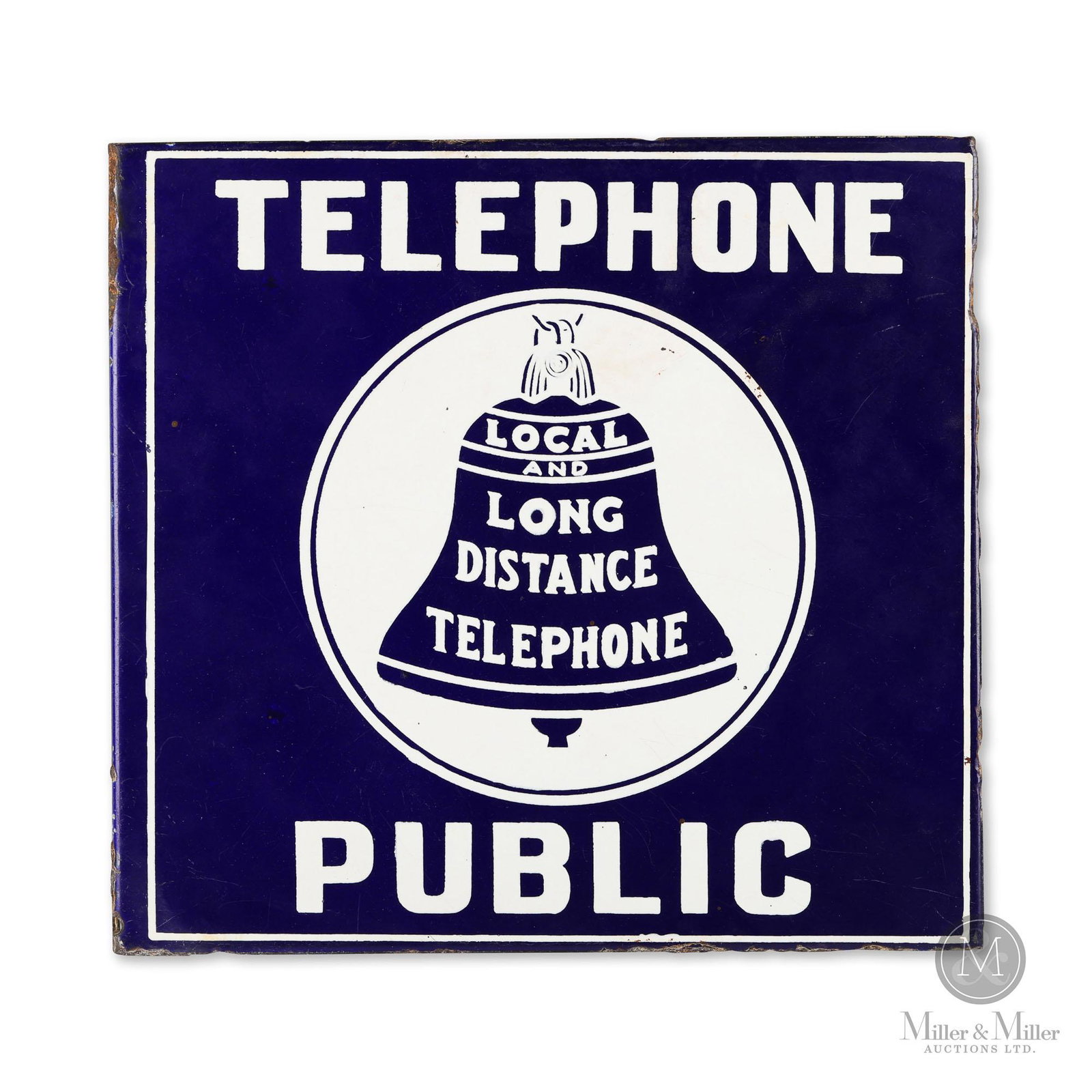 Bell Telephone Flange Sign: Canadian. 1930s. Double sided porcelain flange (DSPF). Exhibits losses and heavy oxidation to flange and extreme outer edges. 11"x11.75".