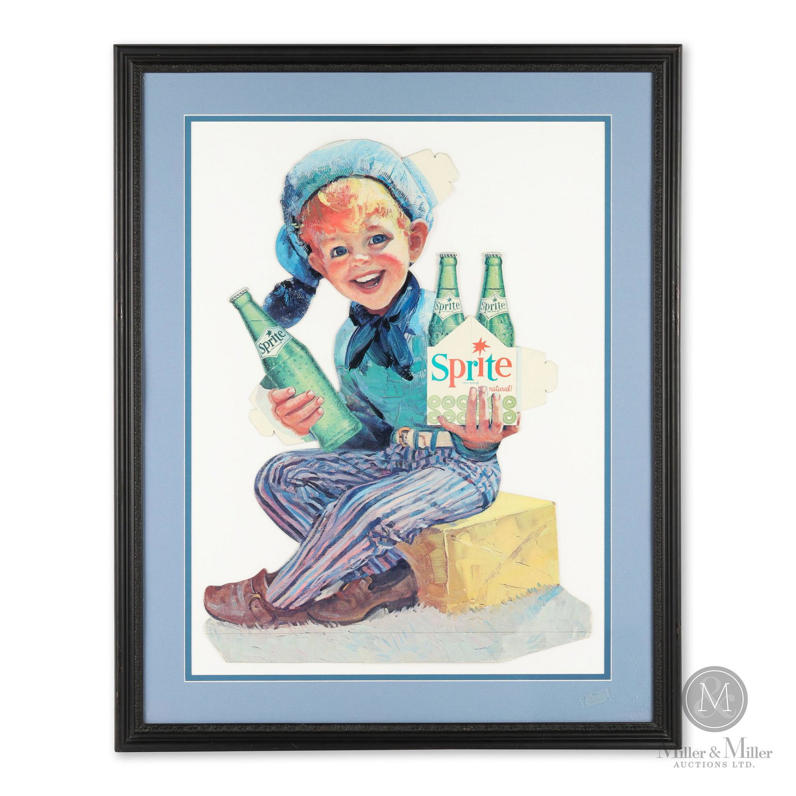 Sprite Die Cut Store Display: American. 1960s. Single sided die cut cardboard. Professionally matted and framed. Features a jovial young boy carrying a six-pack of sprite. 22"x16.25".