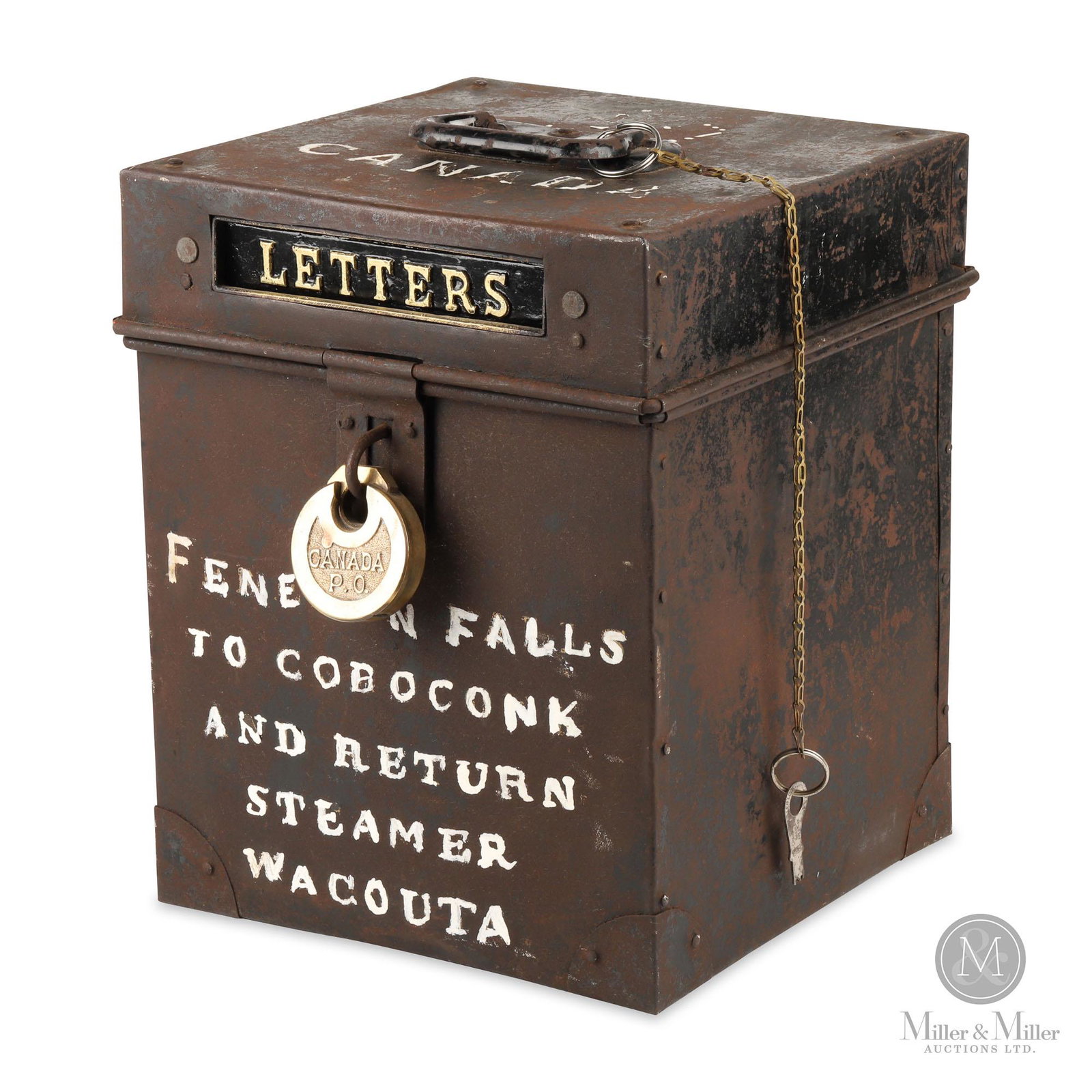Fenelon Falls Wacouta Steamboat Letter Box: Canadian. 1890s. Painted metal with brass lock. Amateur repaint to script. Includes Canadian Post Office lock and key. Horseless Carriage Museum, Fenelon Falls, Ont. 13 x 10.5 x 10.5".
