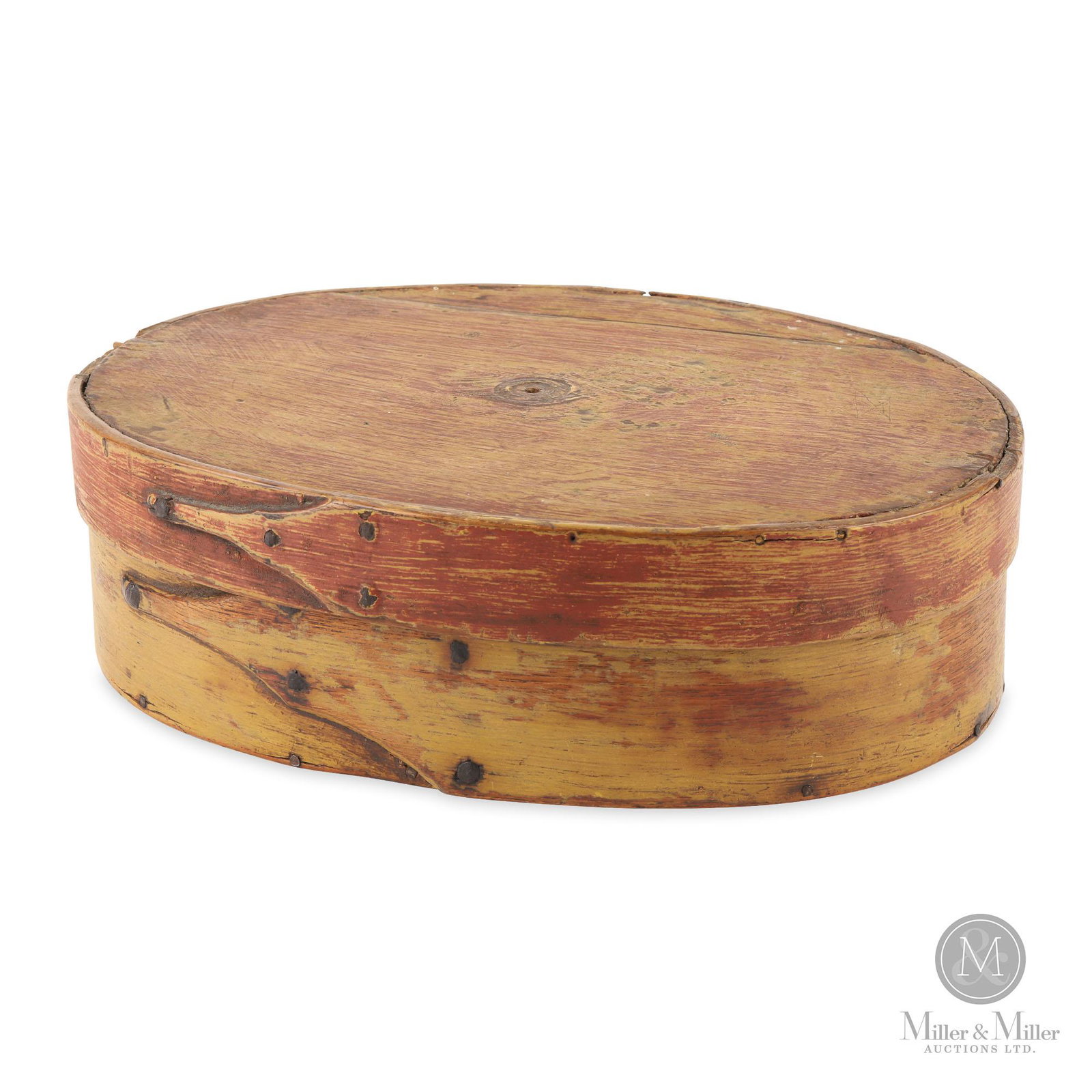 Maitland, Ontario Pantry Box: Lunenburg County, Nova Scotia. Ca: 1850. Ash sides, pine top and base, forged tacks. Splint box retains its historic red and yellow paint finish. Stepped single finger joint to the sides, secured with