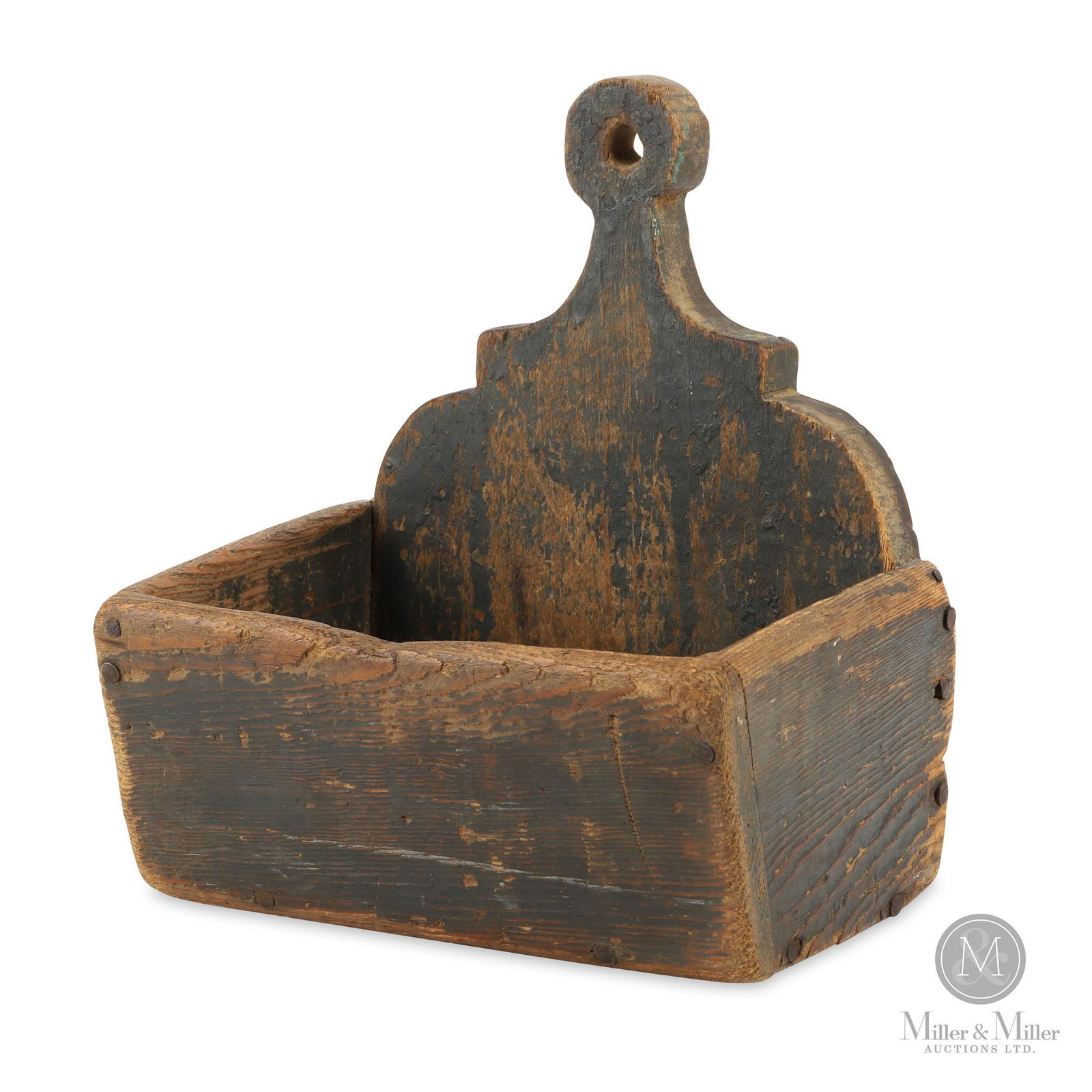 Painted Pine Wallbox: Ontario. Ca:1870. A painted pine wall box with scrolled back board. Untouched dark teal original paint. Appropriate wear. 8(H) x 7.5(W) x 5.5(D). $600/900.