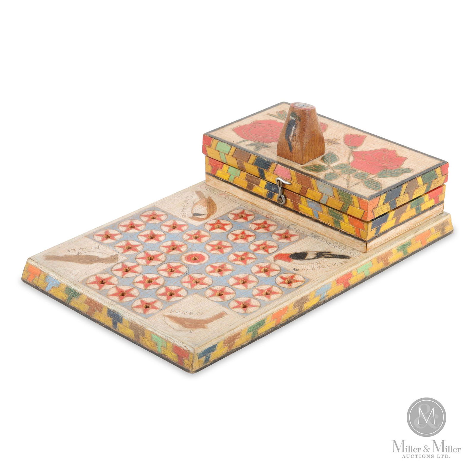 Carved And Decorated Tic-Tac-Toe Game: American. Mid 20th C. Painted wood with brass hinges. A nice 20th American tic tac toe game with geometric painted borders. The inside of the lid is painted with carnations and a dog. The playing surf