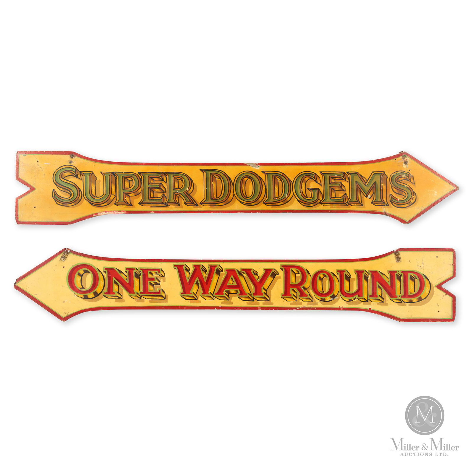 Super Dodgems Go Cart Amusement Signs: Two (2). Canadian. Early 20th C. Made of laminated wood, with remnants of iron mounting brackets. An original pair of painted arrow-shaped signs, likely from an early go-cart ride. Bold lettering with