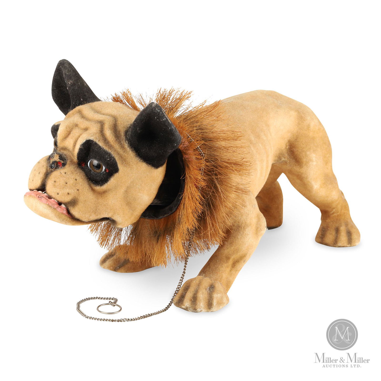 French Bulldog Papier Mache "Growler" Pull Toy: French. 1890s. Papier mache with mohair surface. This large child's toy features a bobbing head and rollers on paws. The dog opens its mouth and makes a "growl" when the lead is pulled firmly. 18(H) x