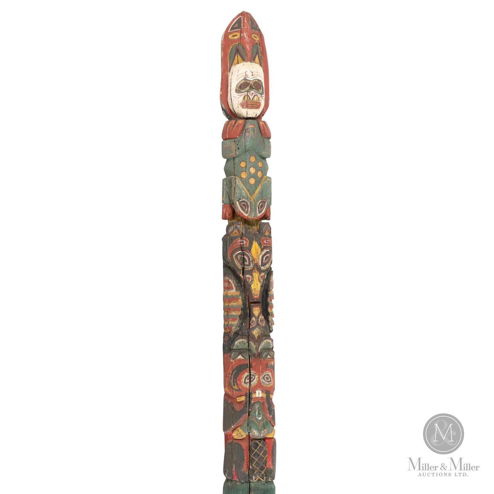 7ft Totem Pole From Manitoulin Island: Manitoulin Island. C. 1940. This Impressive, 7-foot totem pole from Manitoulin Island has a great, untouched surface, and patina with great colours. The artist is unknown. From the Susan Murray Collec