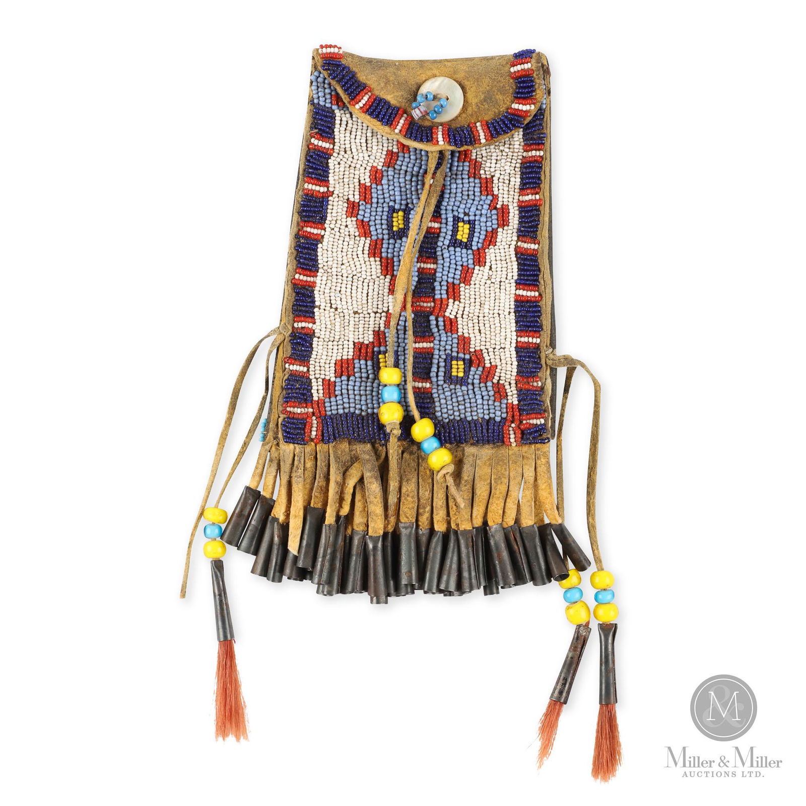 Kiowa Beaded Hide "Strike-A-Lite" Bag: American, mid-West Cheyenne. Ca: 1900. Made of leather, glass beads, tin with a seashell clasp. A leather strike-a-light pouch with decorative beadwork of traditional design in blue, dark blue, red an