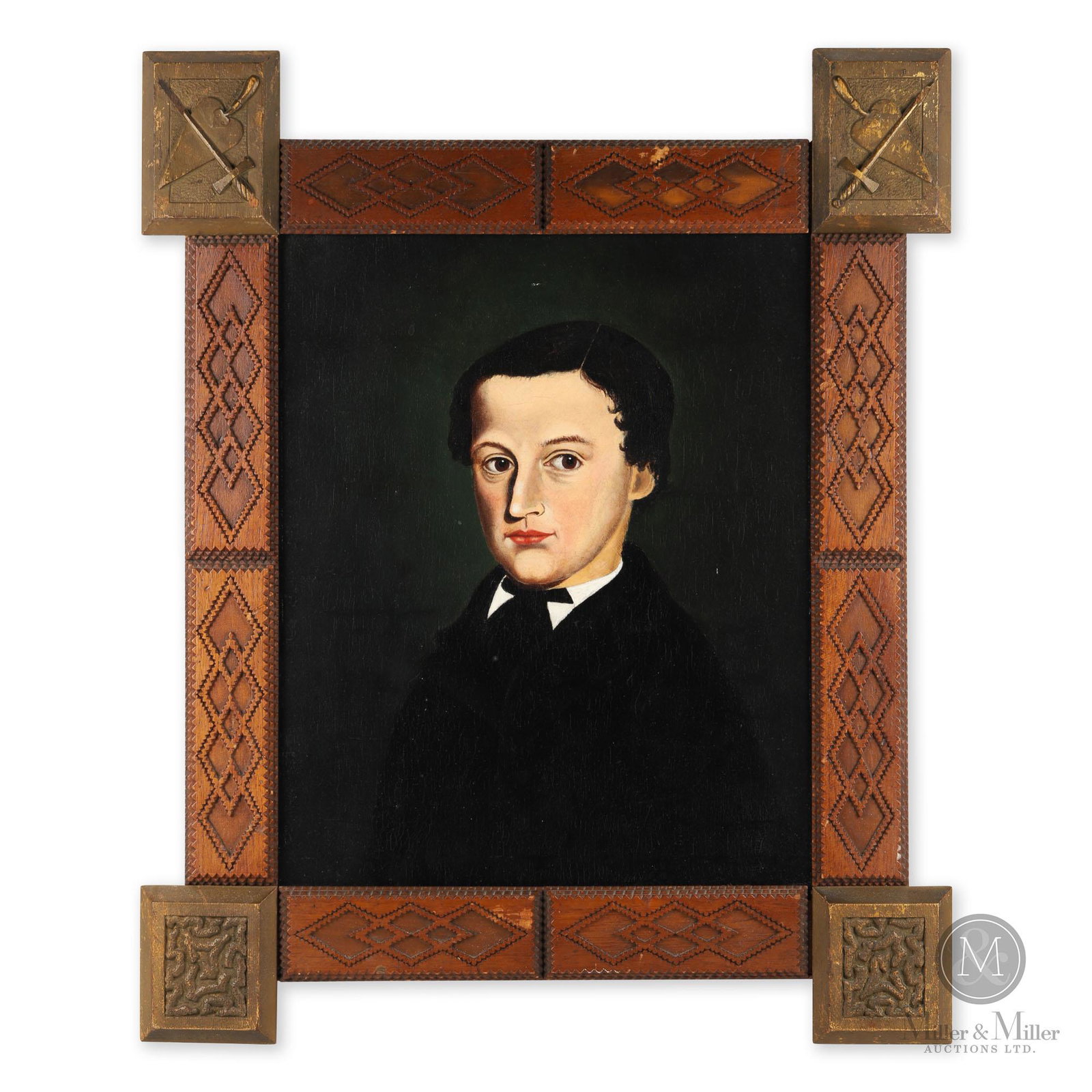 Oil Portrait Of A Gentleman In Tramp Art Frame: American. Ca: 1850. Oil on canvas. This work depicts a shoulder length portrait of a young man with black hair and wearing a black coat and necktie. Now mounted within a later tramp art frame with Mas