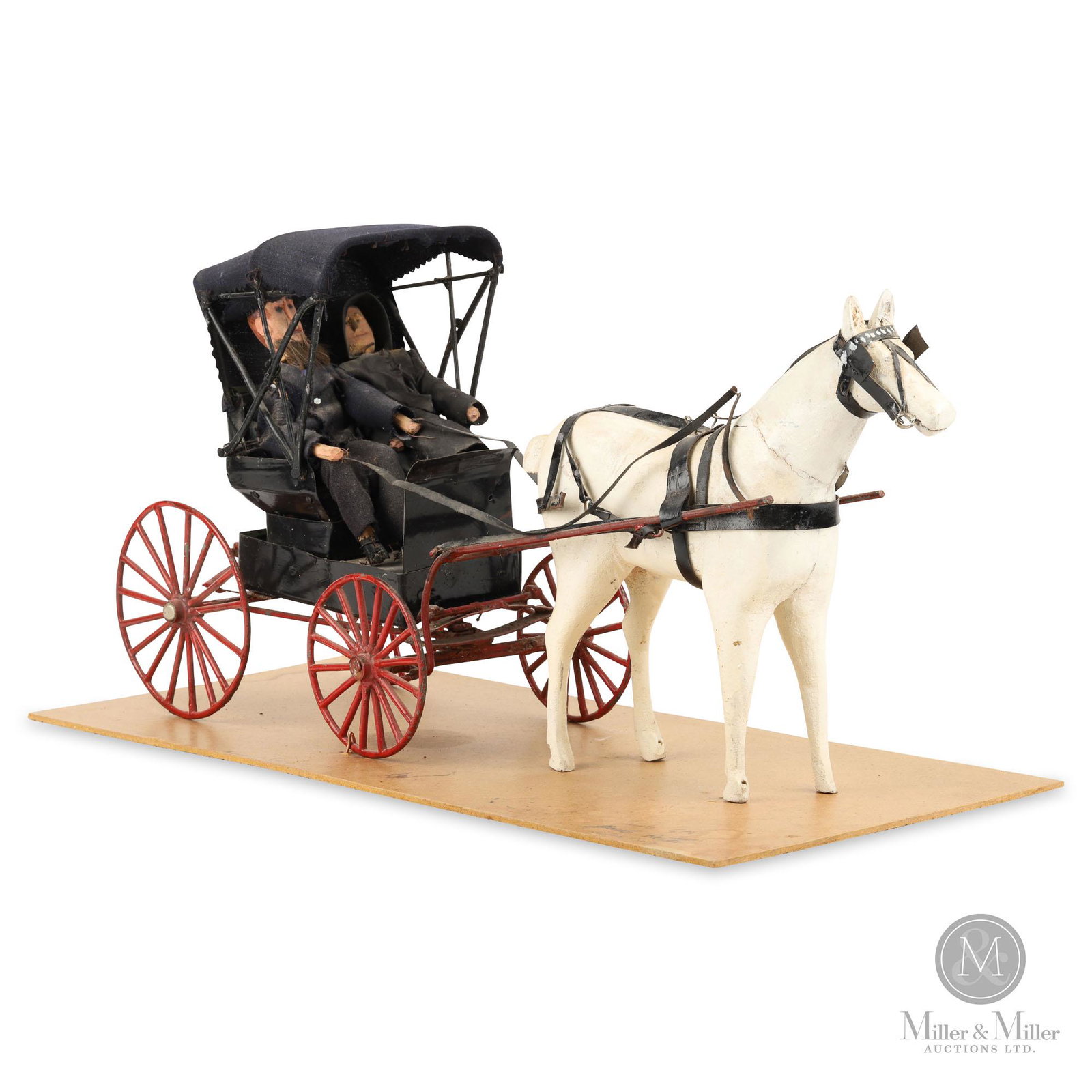 Amish Couple In Horse Drawn Buggy by Jacob Roth: Canadian. A horse-drawn buggy carrying an Amish couple by celebrated Waterloo County folk artist Jacob Roth. 21(L) x 10.25(H) x 9.25(W) $900/1200. Jacob Roth (1896-1995) was born in Punkeydoodles Corn
