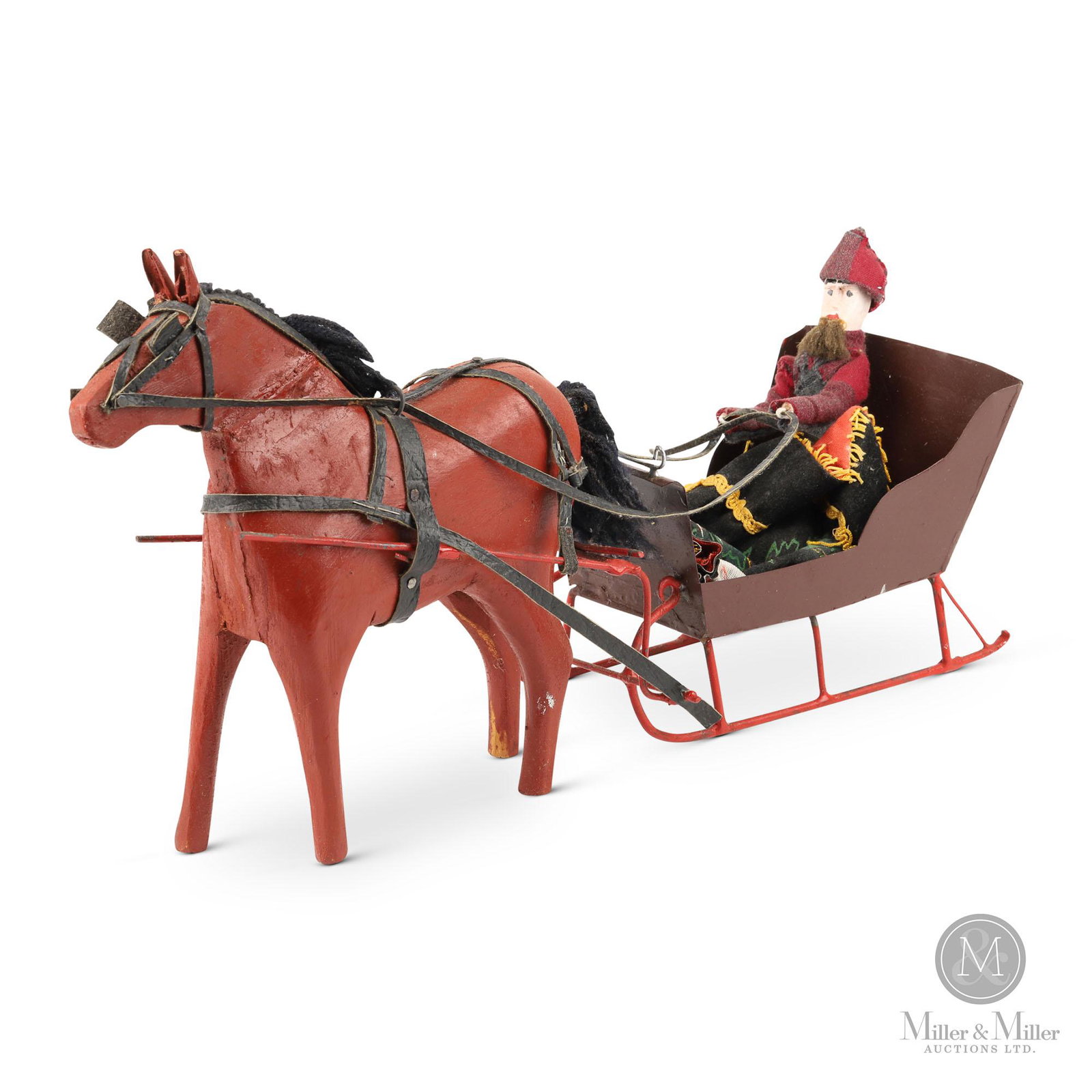 Gentleman In Horse Drawn Sleigh by Jacob Roth: Canadian. A horse-drawn sleigh carrying an gentleman by celebrated Waterloo County folk artist Jacob Roth. 17(L) x 9(H) x 5(W). $900/1200. Jacob Roth (1896-1995) was born in Punkeydoodles Corners, Wat
